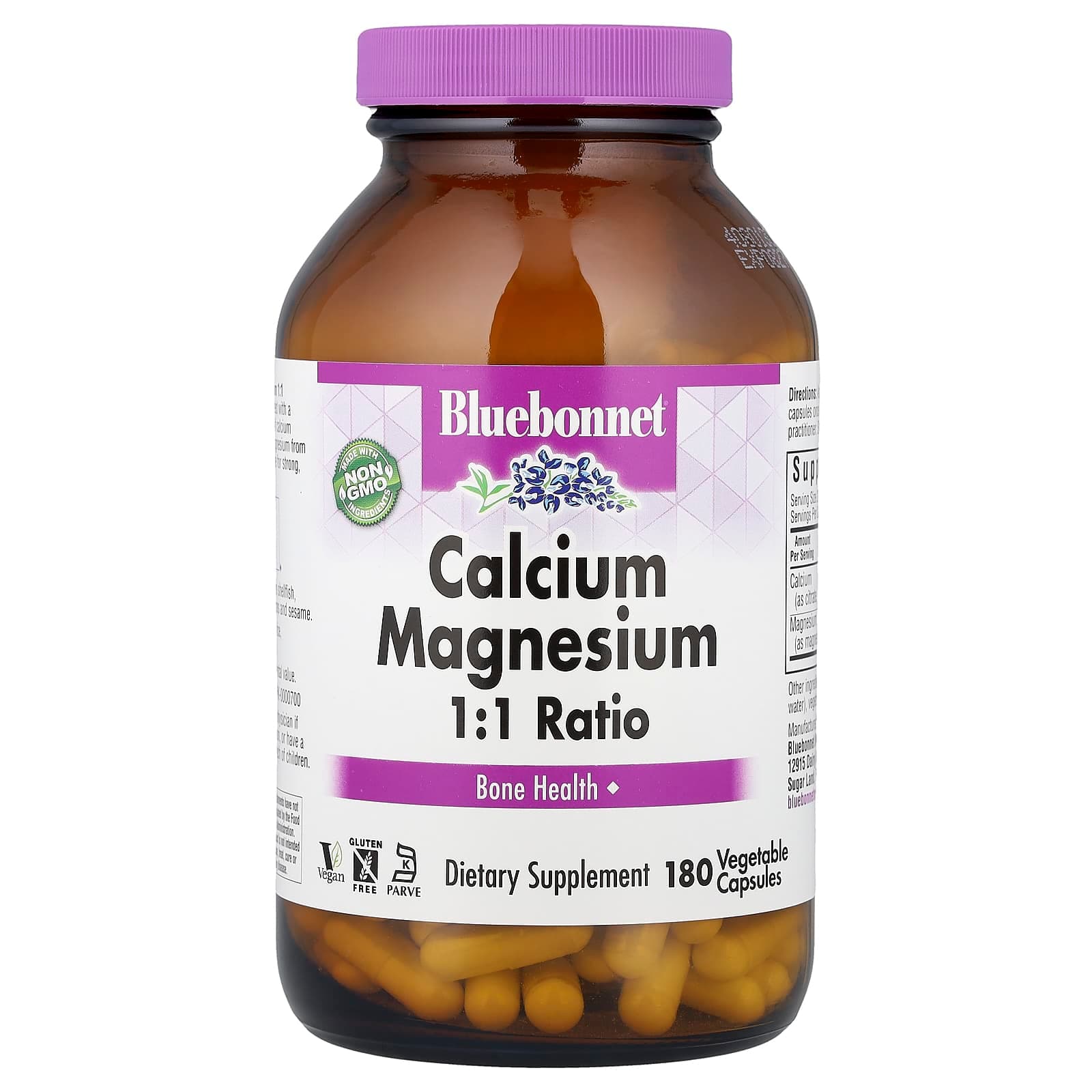 Bluebonnet Nutrition Calcium Magnesium 1:1 Ratio, 180 Vegetable Capsules de Bluebonnet Nutrition