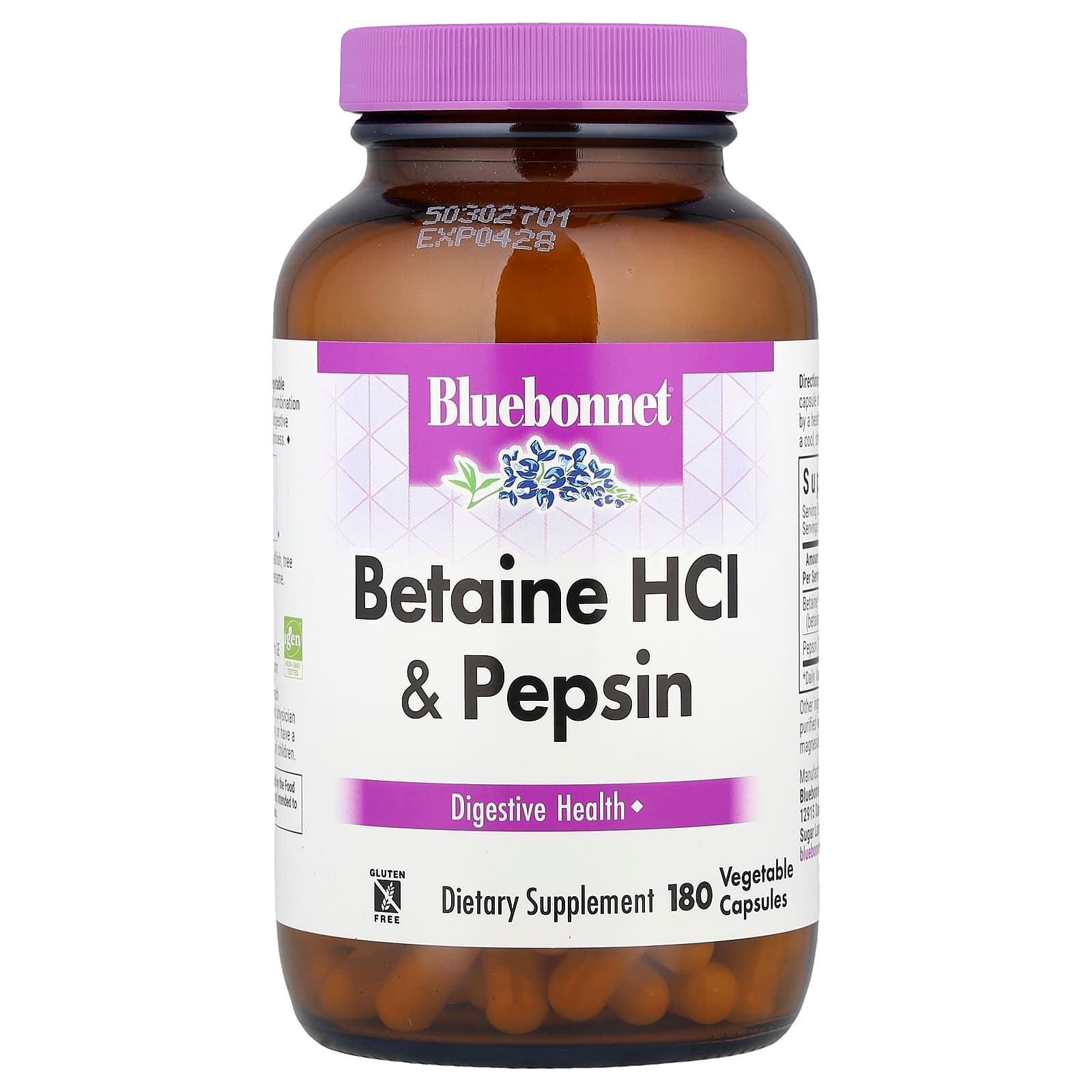 Bluebonnet Nutrition Betaine HCl & Pepsin, 180 Vegetable Capsules de Bluebonnet Nutrition