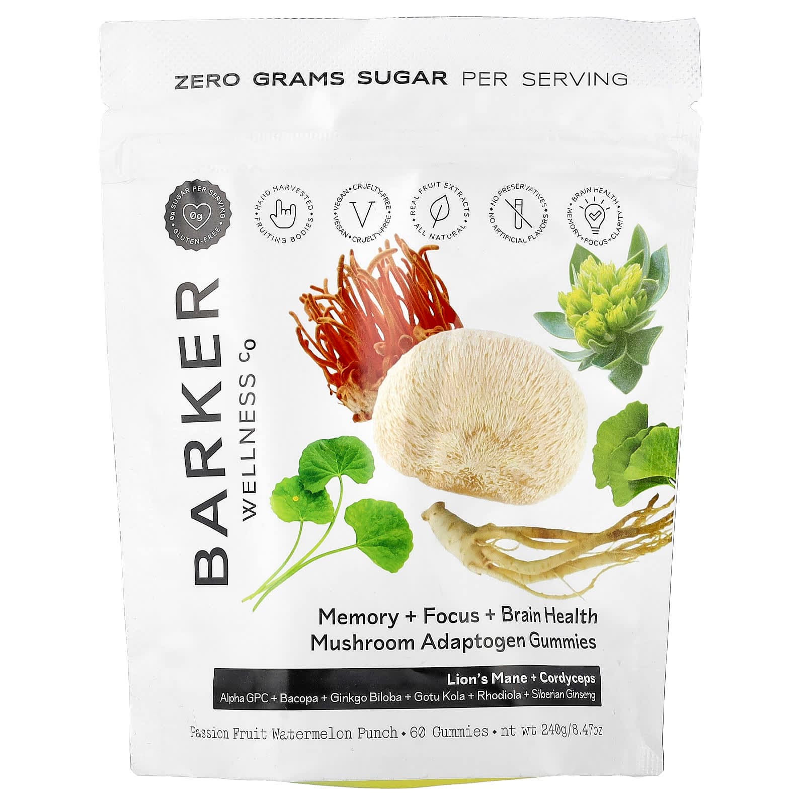 Barker Wellness Co Mushroom Adaptogen Gummies – Passion Fruit Watermelon Punch – 60 gommes de Barker Wellness