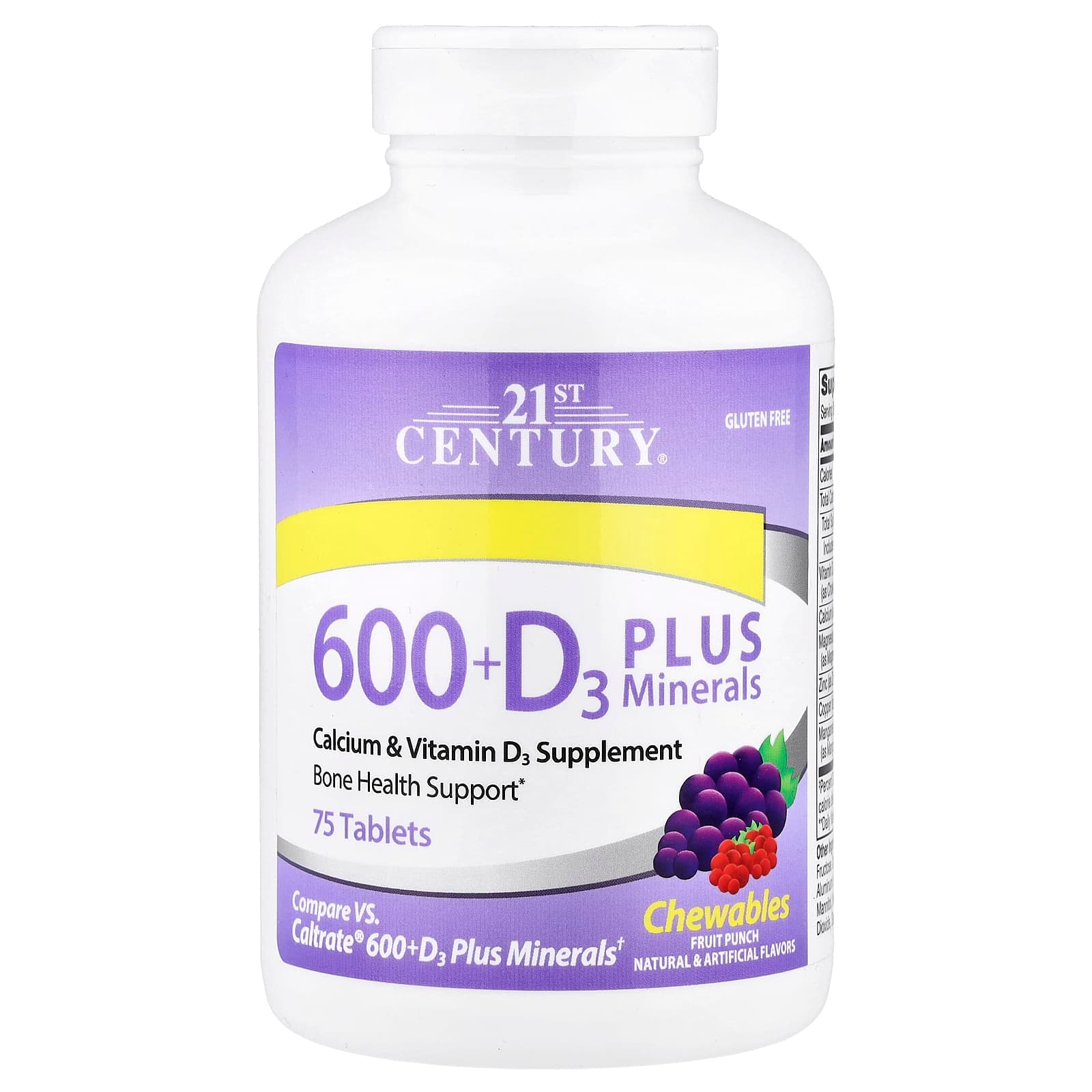 21st Century 600 + D3 Plus Minerals – Fruit Punch – 75 comprimés de 21st Century