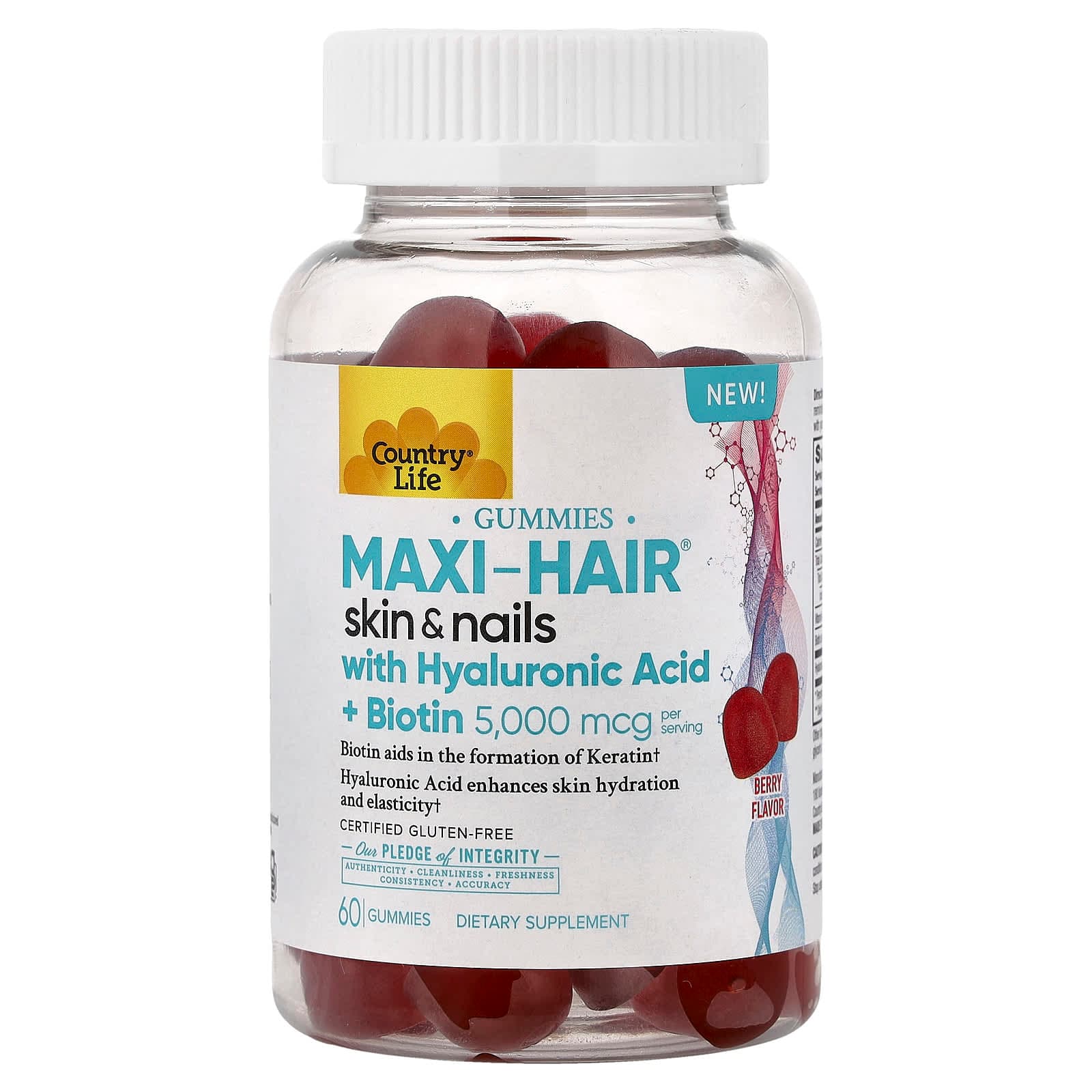 Country Life Maxi-Hair Skin & Nails Gummies with Hyaluronic Acid + Biotin – Berry – 60 gommes de Country Life