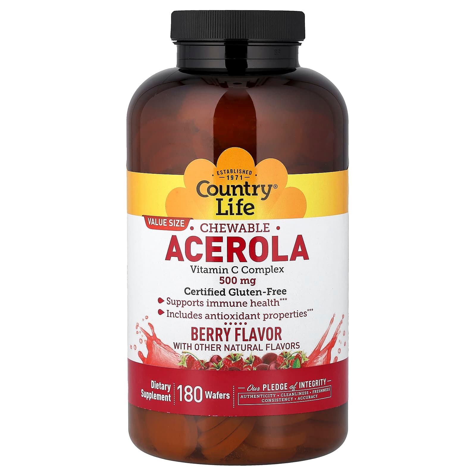 Country Life Chewable Acerola, Vitamin C Complex, 180 Wafers – Berry de Country Life