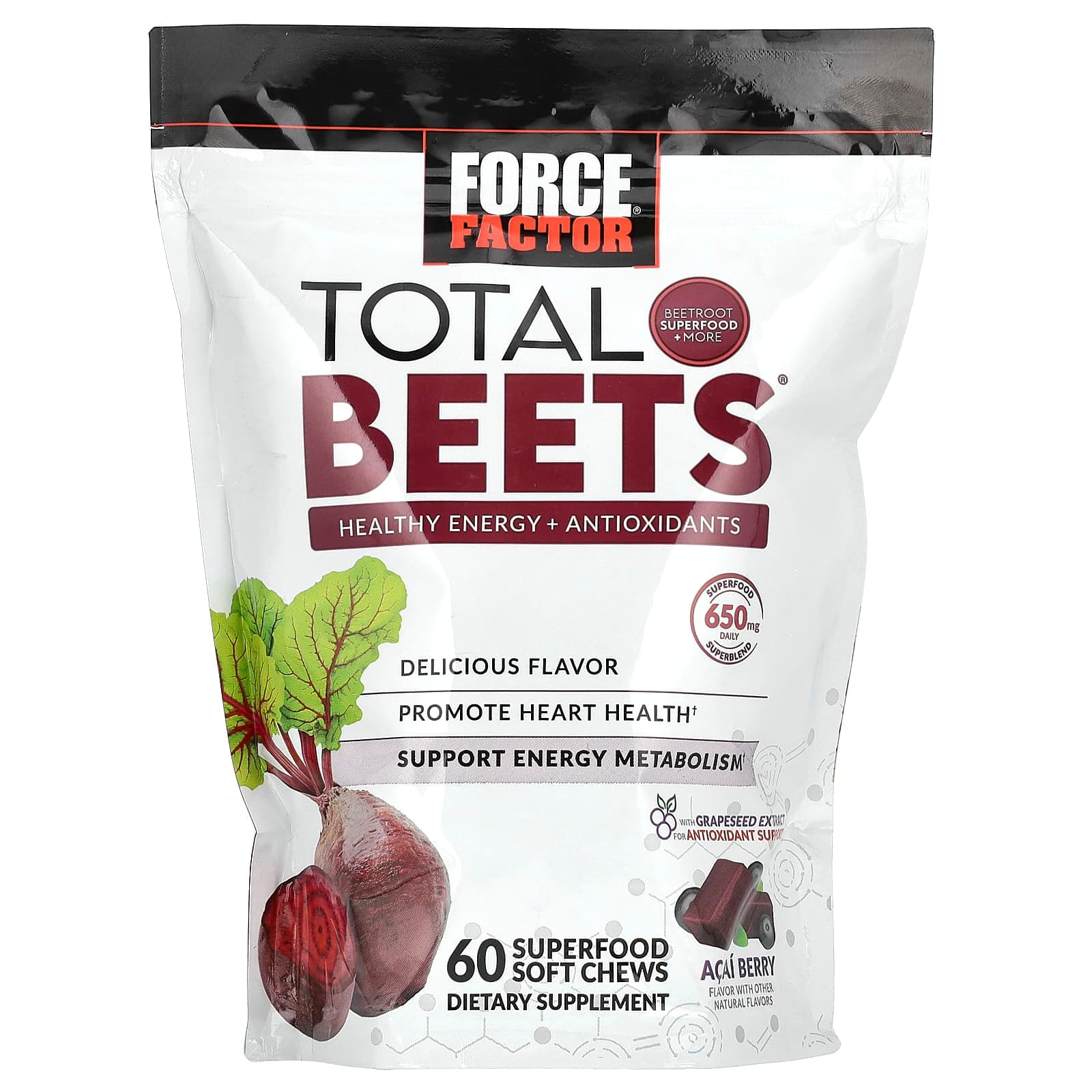 Force Factor Total Beets, Healthy Energy + Antioxidants, 60 Superfood Soft Chews – Acai Berry de Force Factor