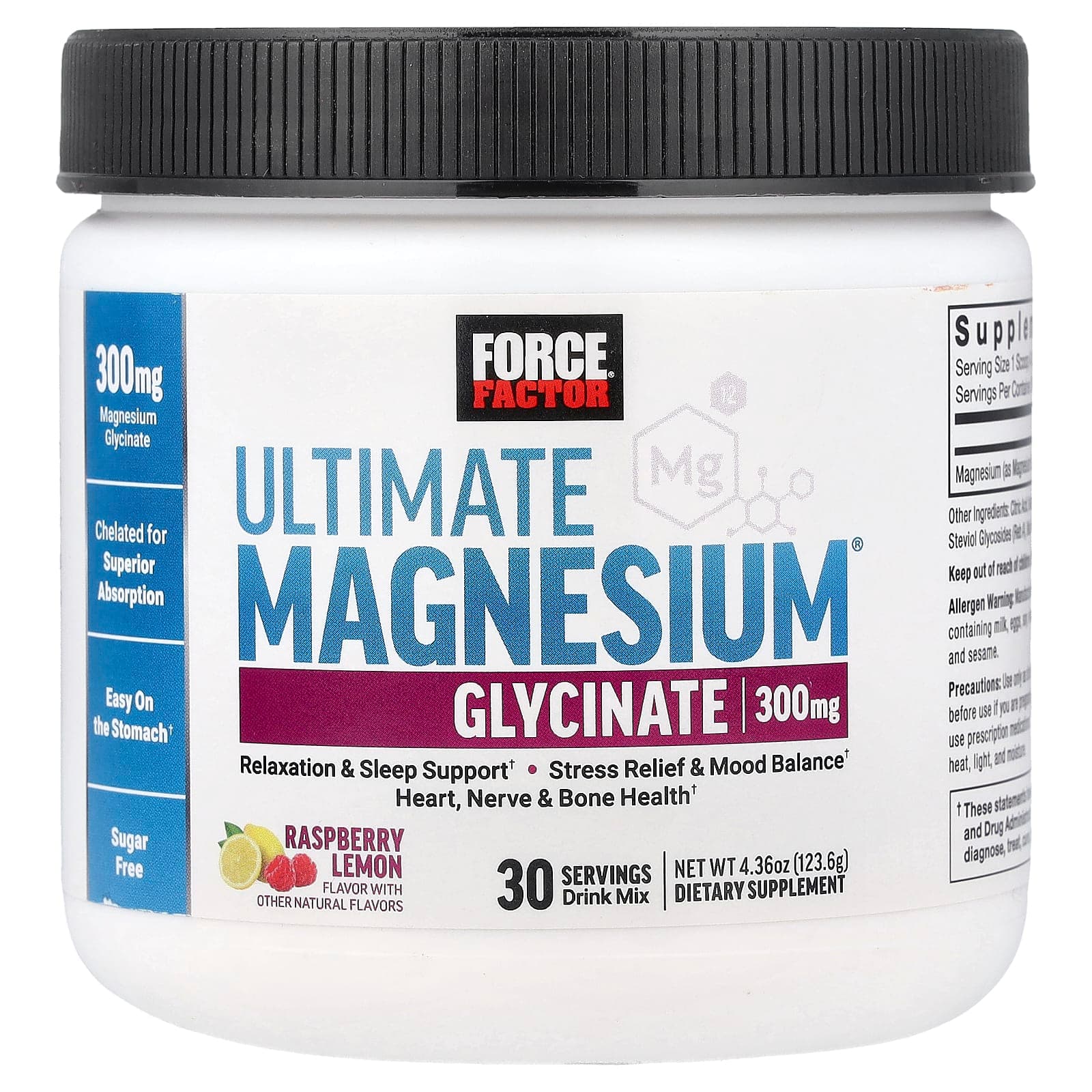 Force Factor Ultimate Magnesium Glycinate Drink Mix – Raspberry Lemon – 123,6 g de Force Factor