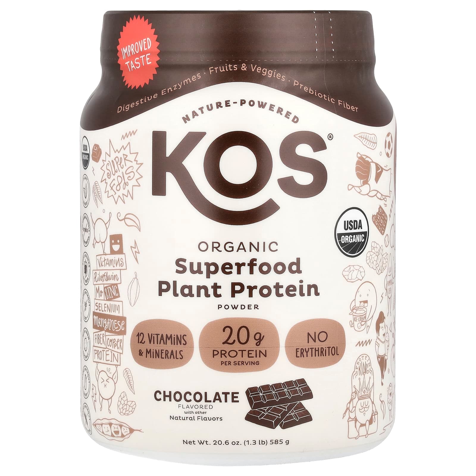 KOS Organic Superfood Plant Protein Powder – Chocolate – 585 g de KOS