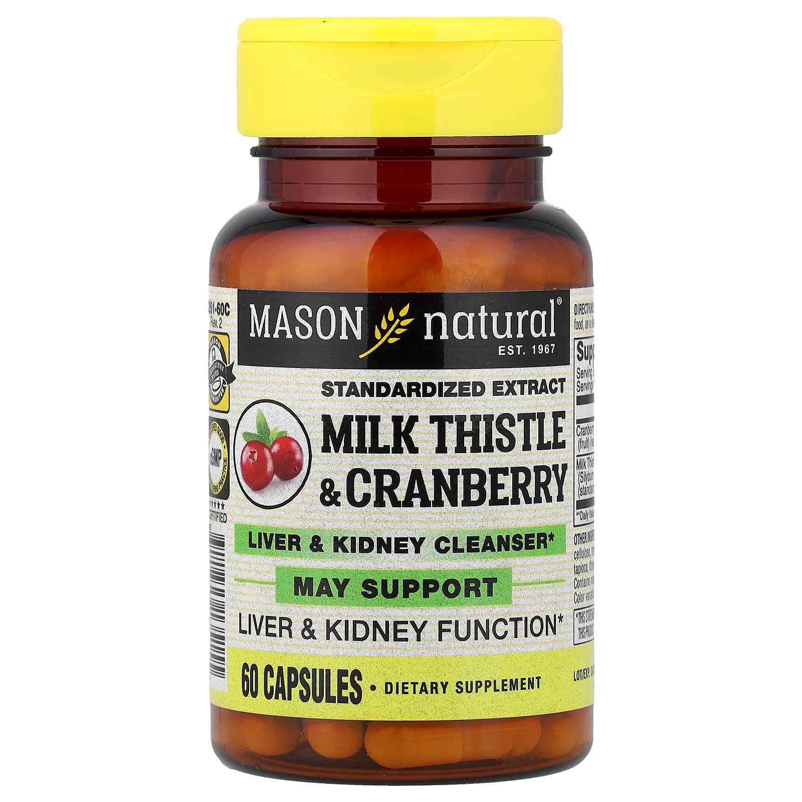 Mason Natural Milk Thistle & Cranberry, Standardized Extract – Milk Thistle & Cranberry – 60 gélules de Mason Natural