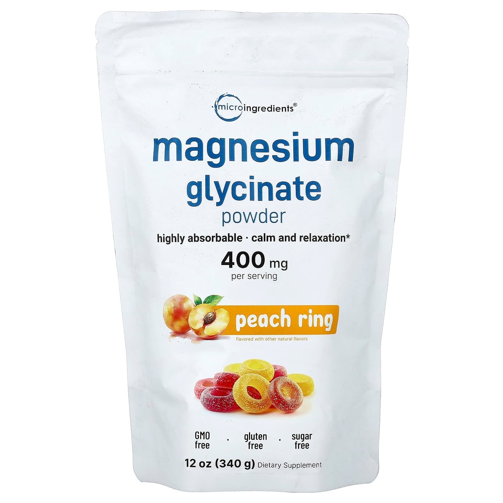Micro Ingredients Magnesium Glycinate Powder – Peach Rings – 340 g de Micro Ingredients