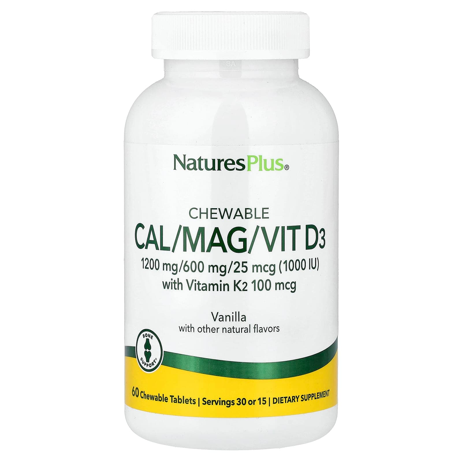 NaturesPlus Chewable Cal/Mag/Vit D3 with Vitamin K2, 60 Chewable Tablets – Vanilla de NaturesPlus
