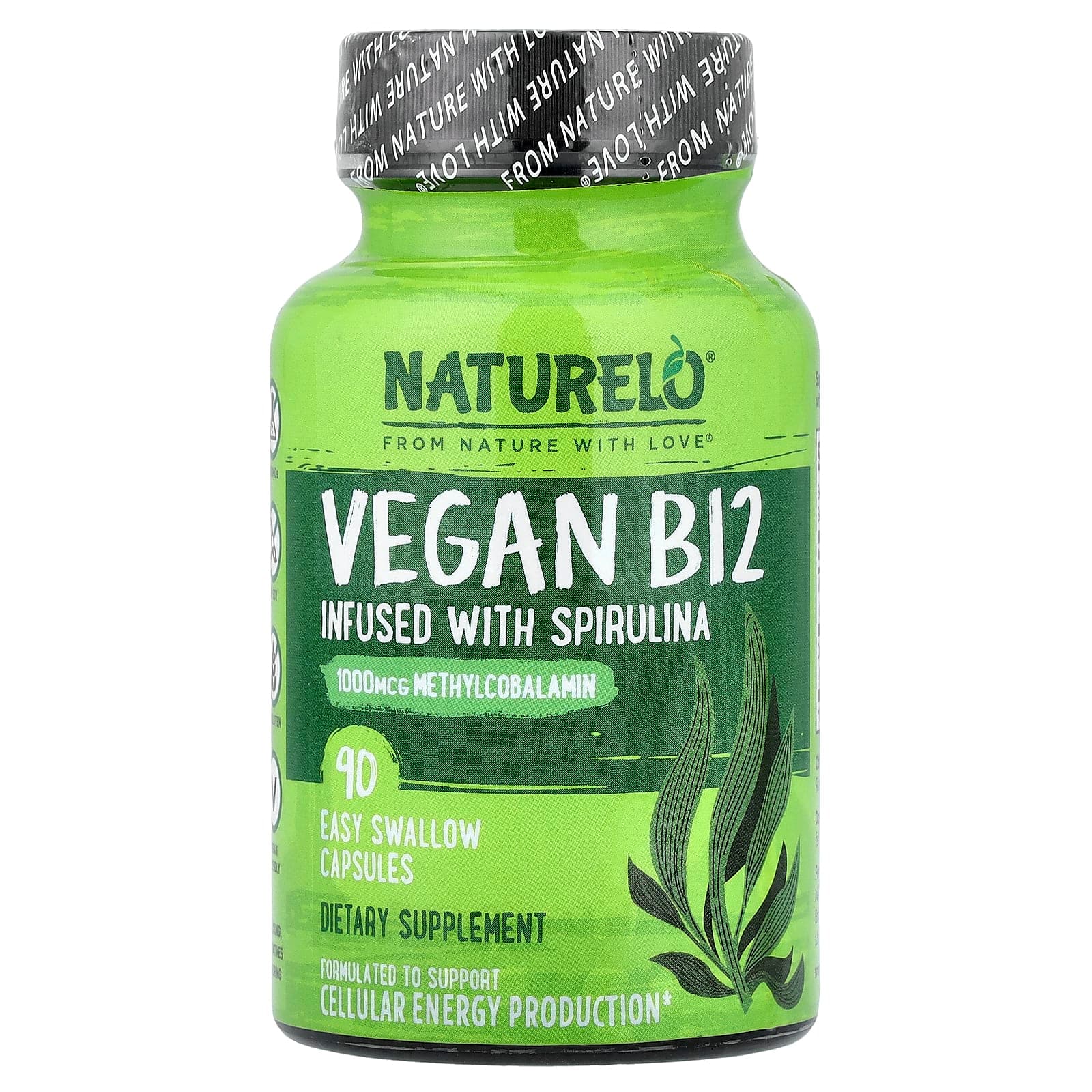 NATURELO Vegan B12 Infused with Spirulina, 90 Easy Swallow Capsules de NATURELO