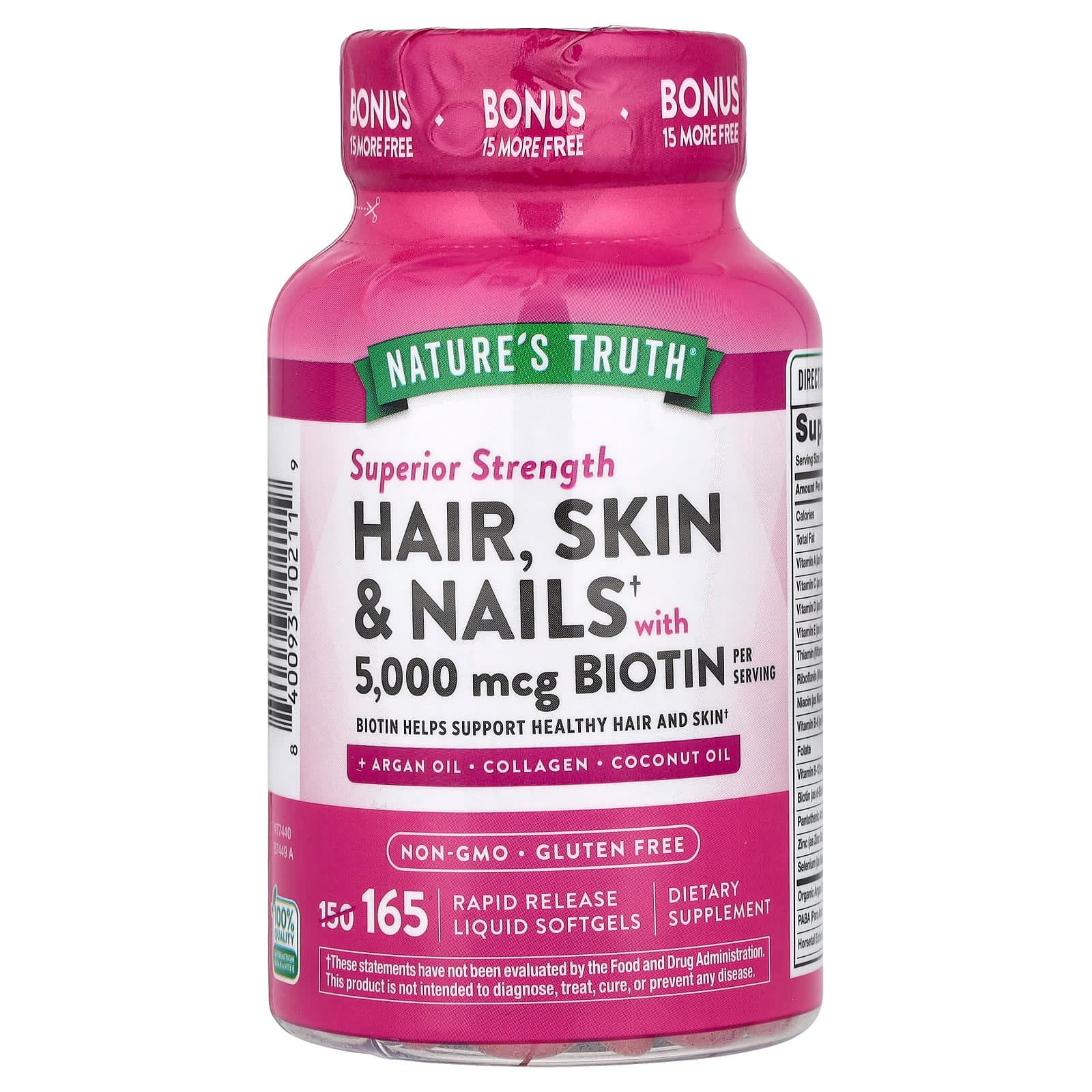 Nature's Truth Hair, Skin & Nails with Biotin, Superior Strength, 165 Rapid Release Liquid Softgels de Nature's Truth