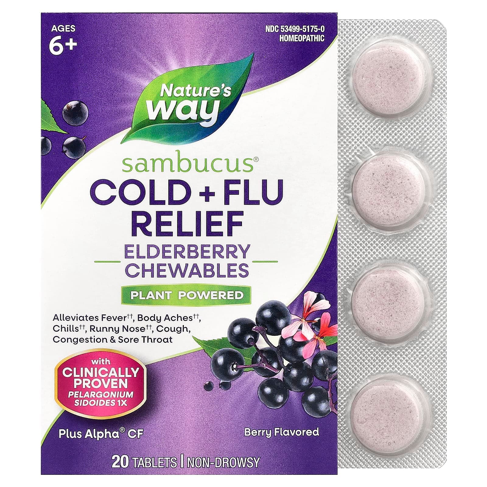 Nature's Way Sambucus, Cold + Flu Relief, Berry – Elderberry Chewables – 20 comprimés de Nature's Way