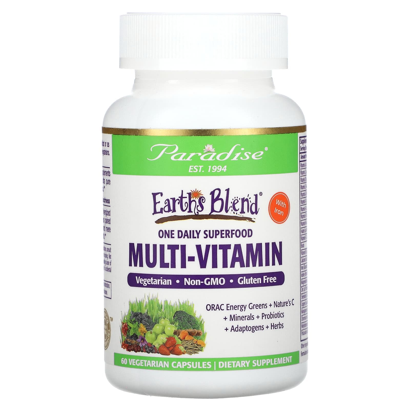 Paradise Herbs Earth's Blend, One Daily Superfood Multi-Vitamin with Iron – 60 gélules végétales de Paradise Herbs