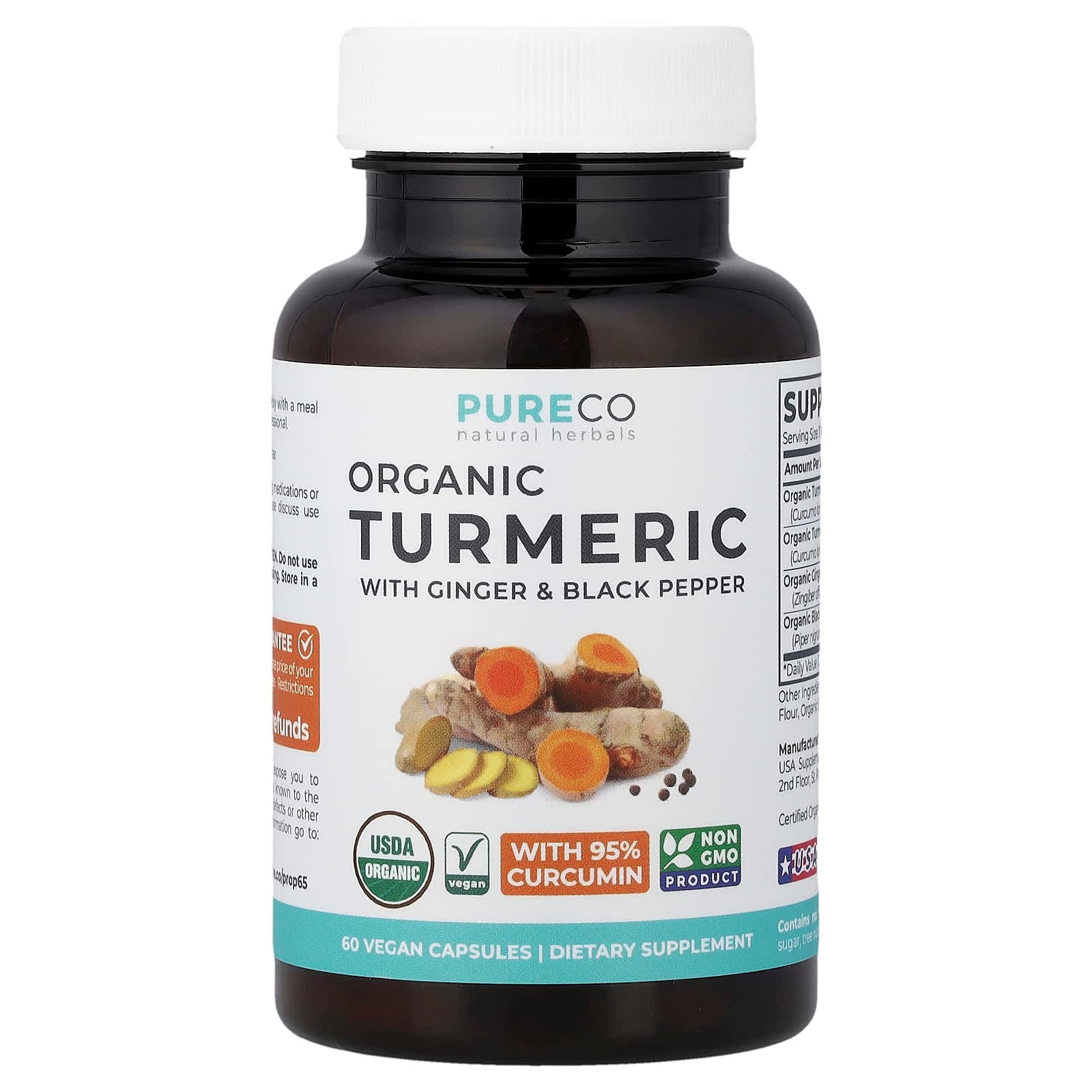 Pure Co. Organic Turmeric with Ginger & Black Pepper – 60 gélules véganes de Pure