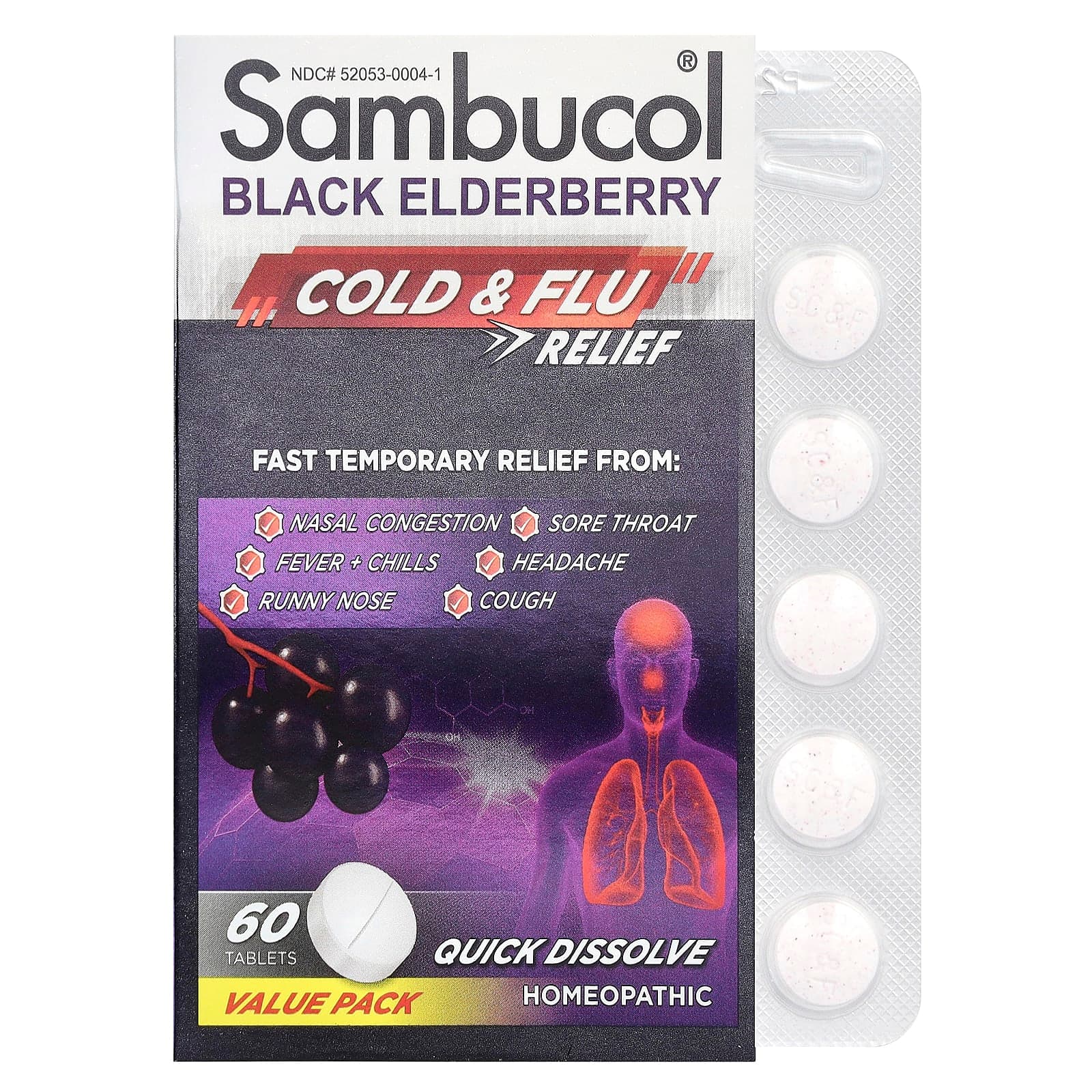 Sambucol Black Elderberry, Cold & Flu Relief – Black Elderberry – 60 comprimés de Sambucol