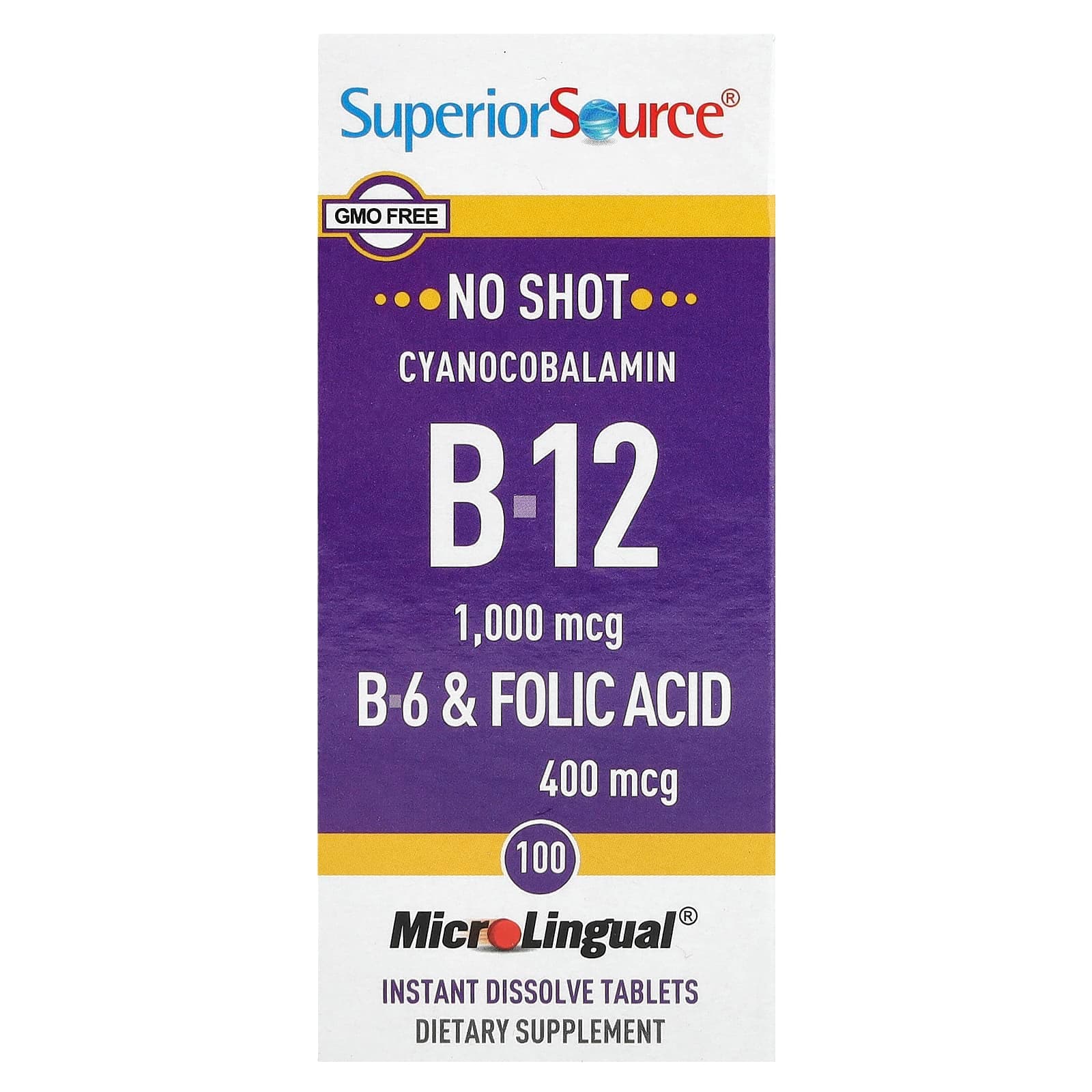 Superior Source Cyanocobalamin B-12, B-6 & Folic Acid, 100 MicroLingual Instant Dissolve Tablets de Superior Source