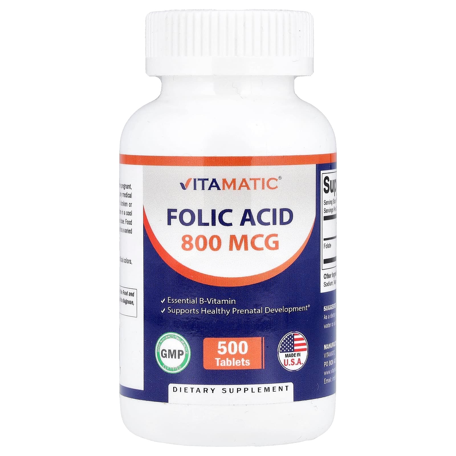 Vitamatic Folic Acid – 500 comprimés de Vitamatic