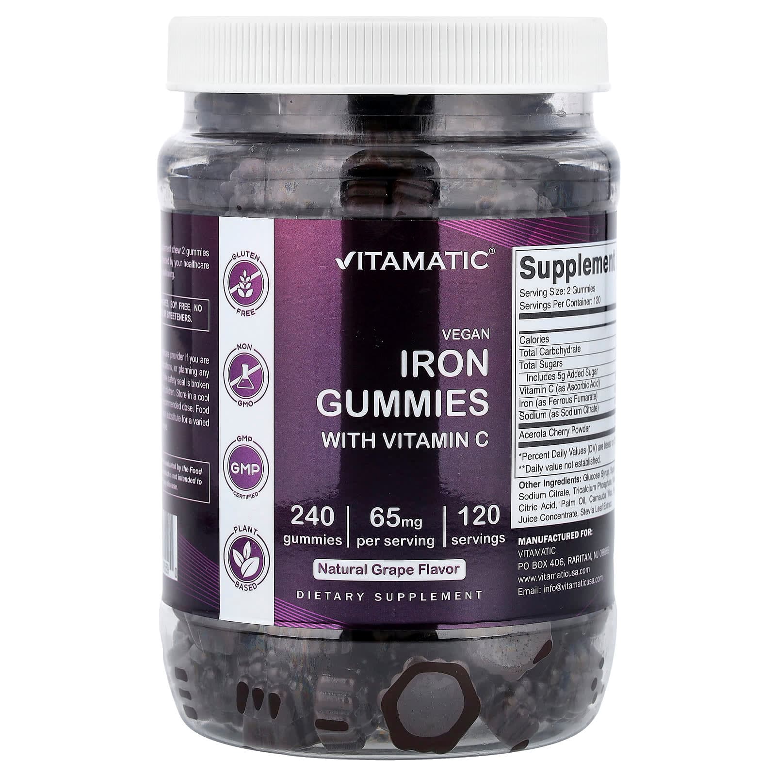 Vitamatic Vegan Iron Gummies with Vitamin C – Grape – 240 gommes de Vitamatic