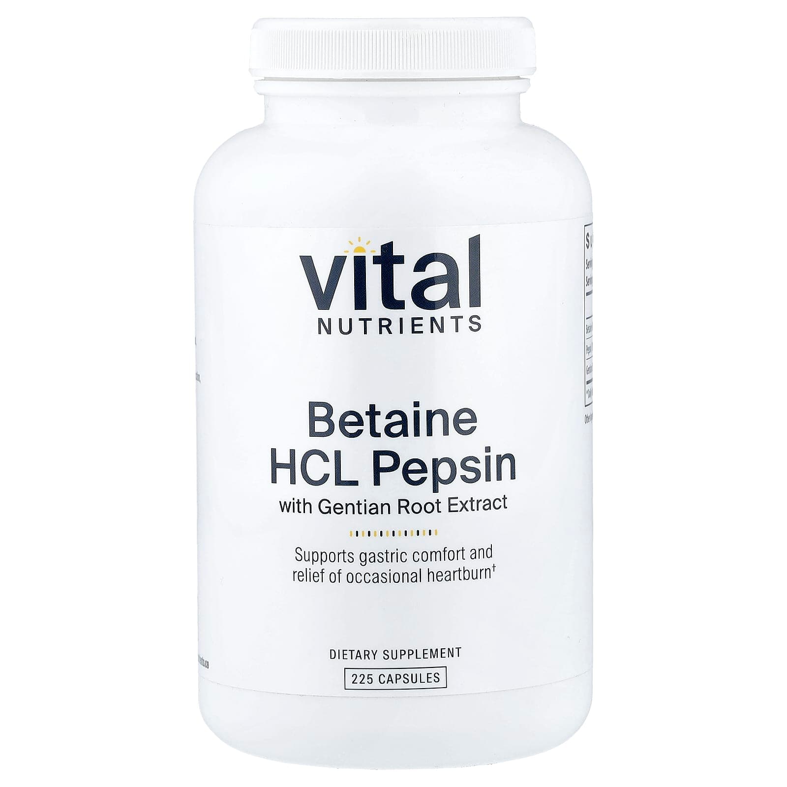 Vital Nutrients Betaine HCl Pepsin with Gentian Root Extract – 225 gélules de Vital Nutrients