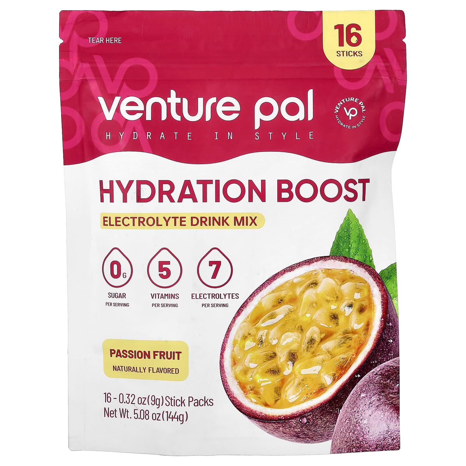Venture Pal Hydration Boost, Electrolyte Drink Mix – Passion Fruit – 9 g de Venture Pal