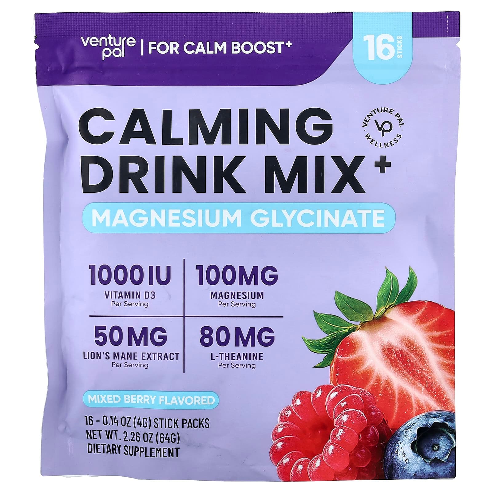 Venture Pal Calming Drink Mix+, Magnesium Glycinate – Mixed Berry – 4 g de Venture Pal