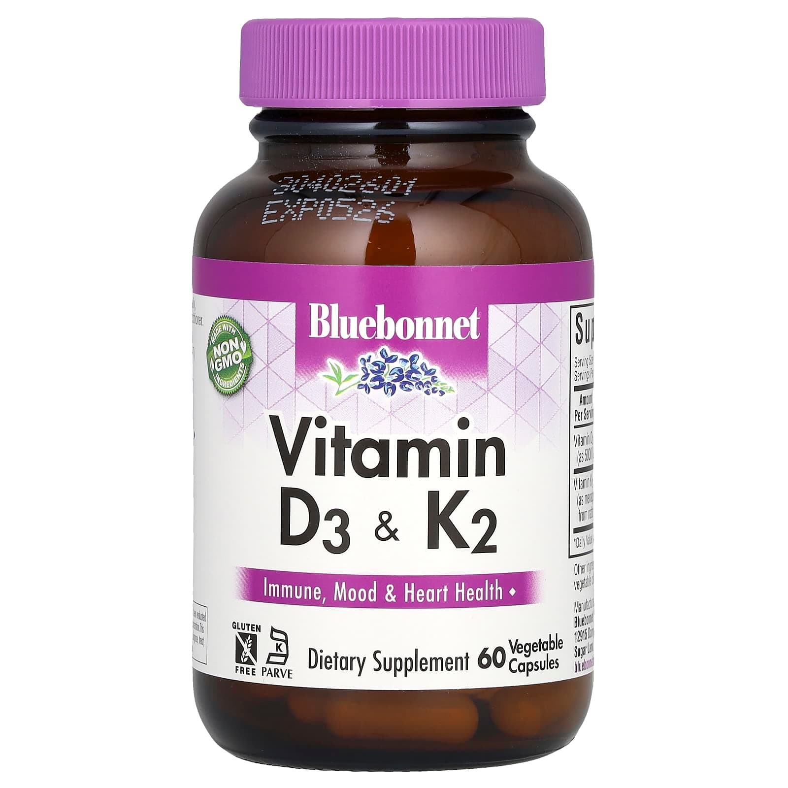 Bluebonnet Nutrition Vitamin D3 & K2, 60 Vegetable Capsules de Bluebonnet Nutrition