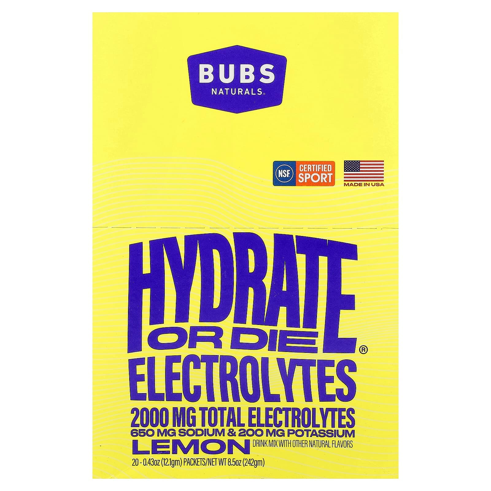 BUBS Naturals Hydrate or Die, Electrolytes Drink Mix – Lemon – 20 sachets de BUBS Naturals