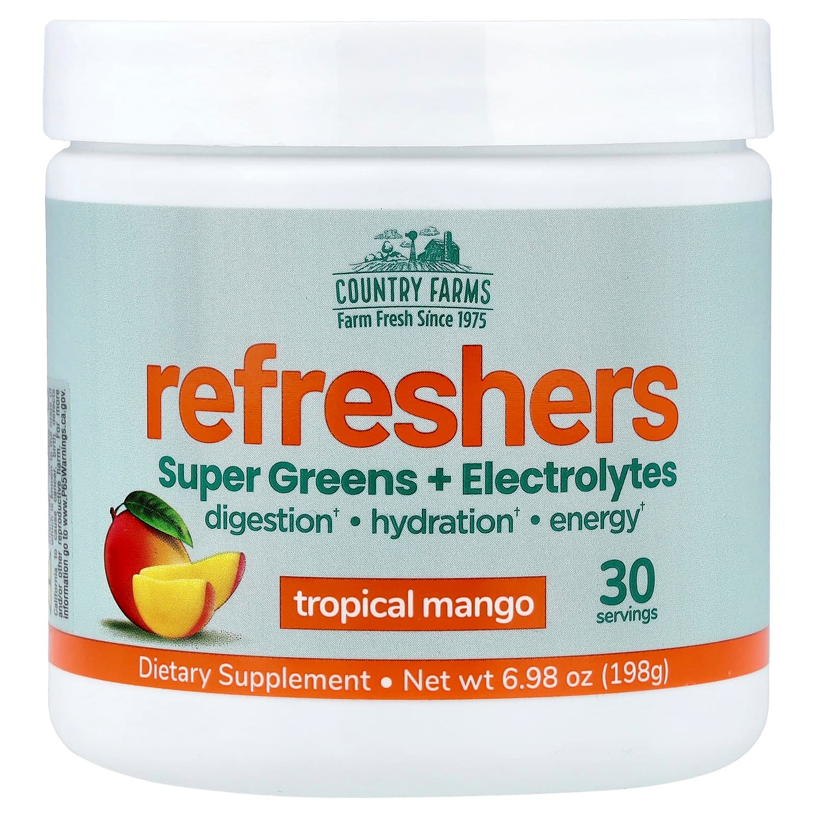 Country Farms Refreshers, Super Greens + Electrolytes – Tropical Mango – 198 g de Country Farms