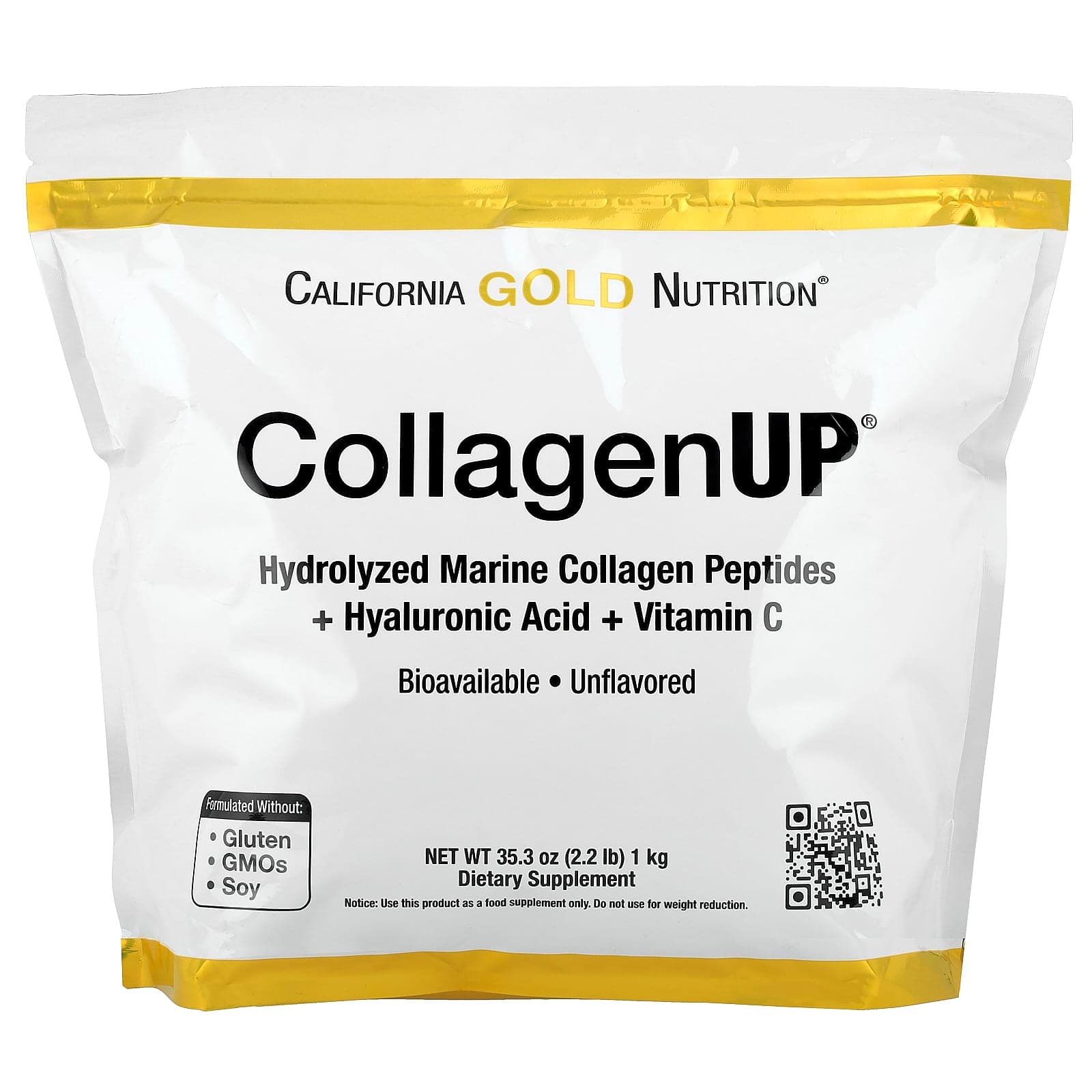 California Gold Nutrition CollagenUP, Hydrolyzed Marine Collagen Peptides with Hyaluronic Acid and Vitamin C – Sans arôme – 1 kg de California Gold Nutrition