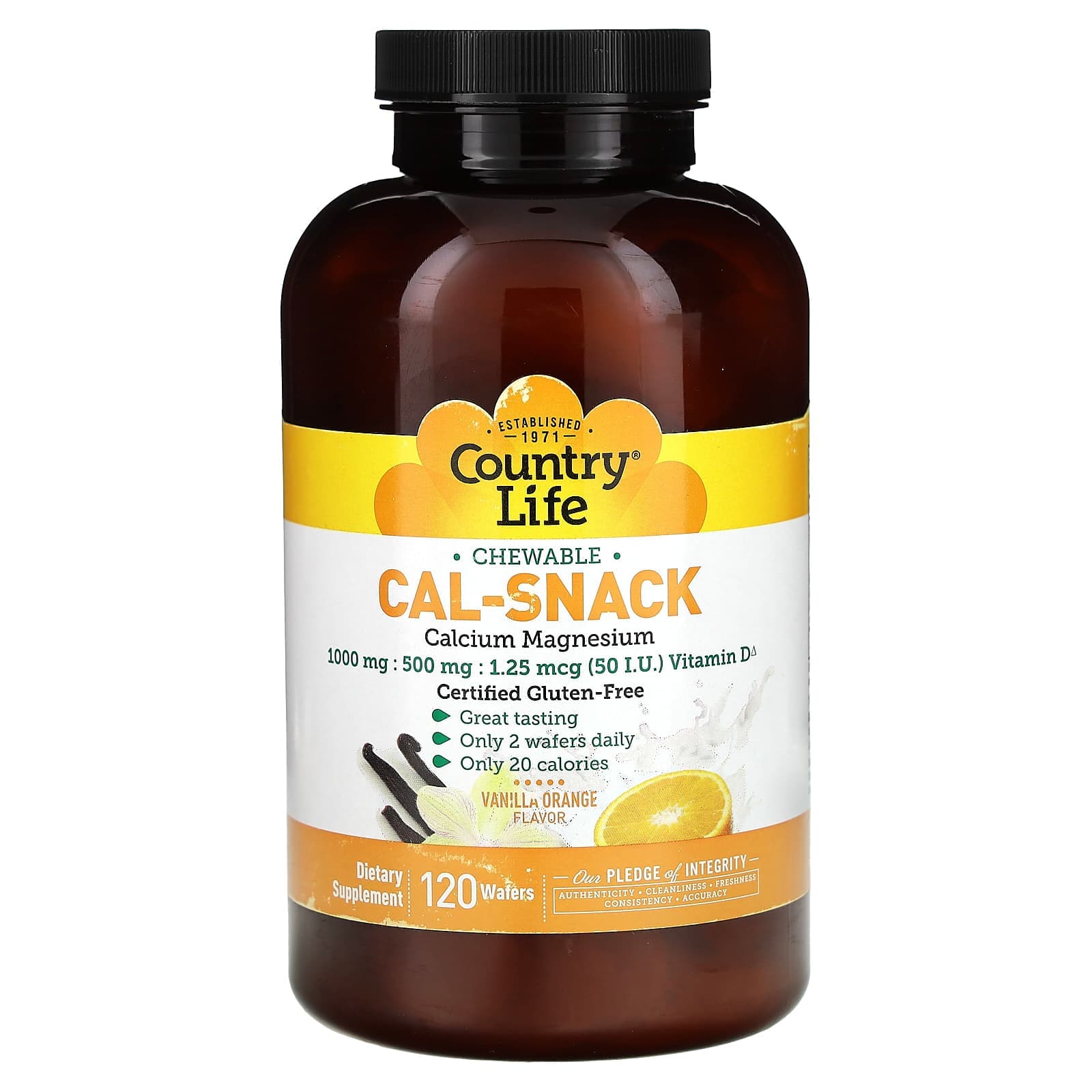 Country Life Cal-Snack, Chewable Calcium Magnesium, 120 Wafers – Vanilla Orange de Country Life