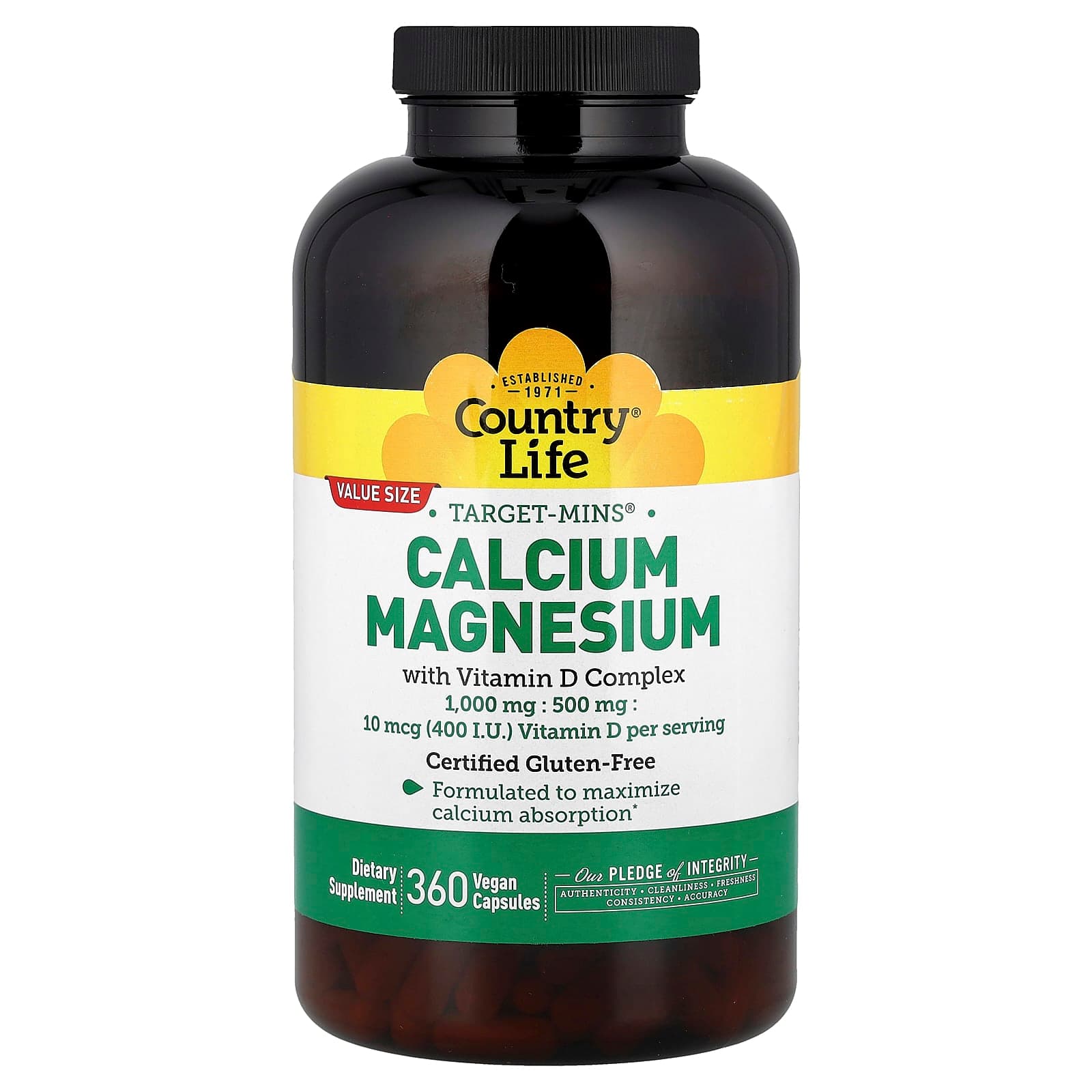 Country Life Target-Mins, Calcium Magnesium with Vitamin D Complex – 360 gélules véganes de Country Life