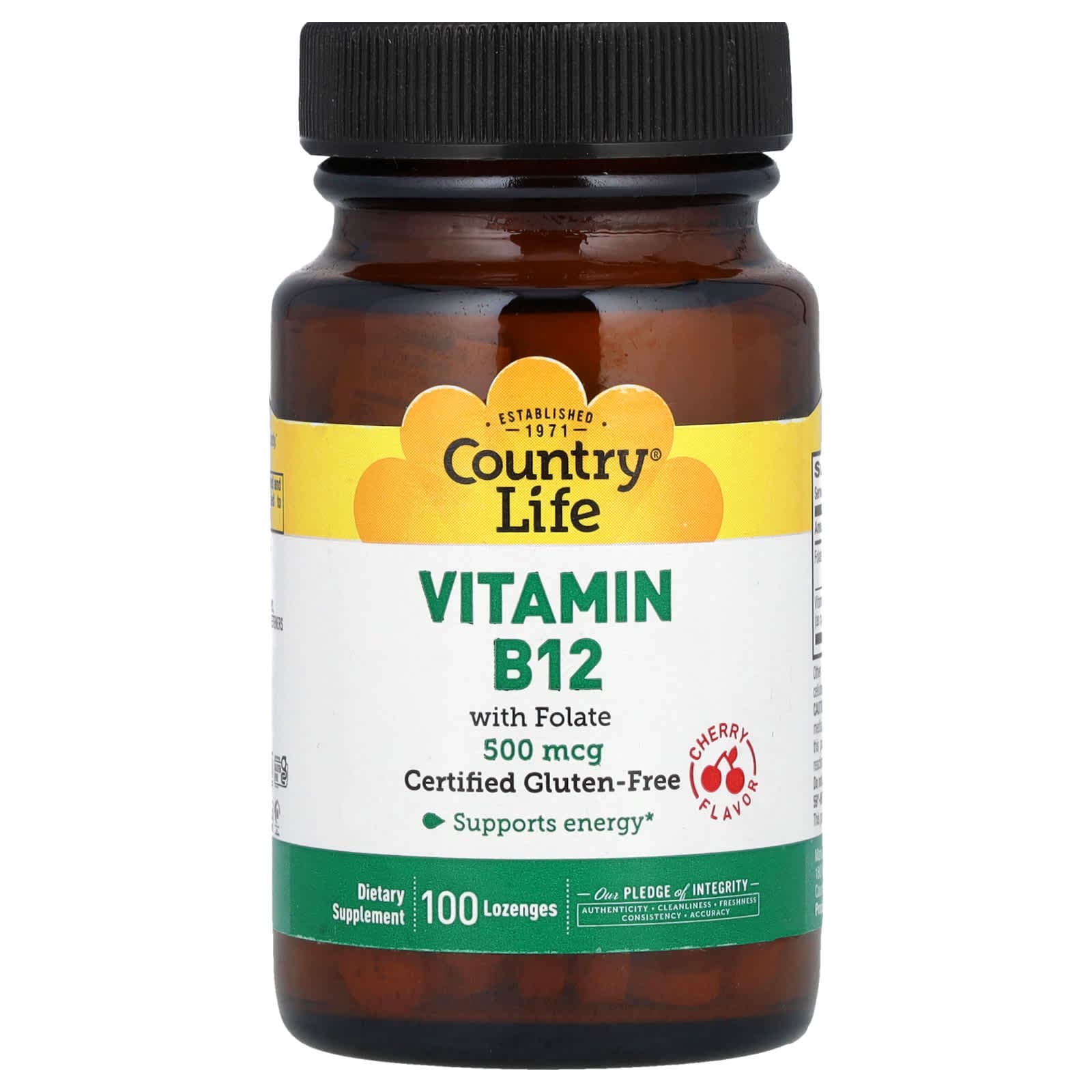 Country Life Vitamin B12 with Folate – Cherry – 100 pastilles de Country Life