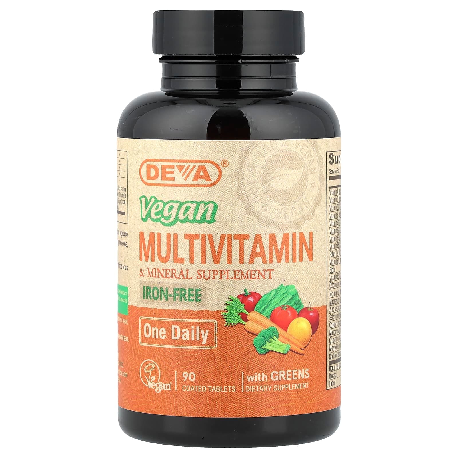 Deva Vegan Multivitamin & Mineral Supplement with Greens, Iron Free, 90 Coated Tablets de Deva