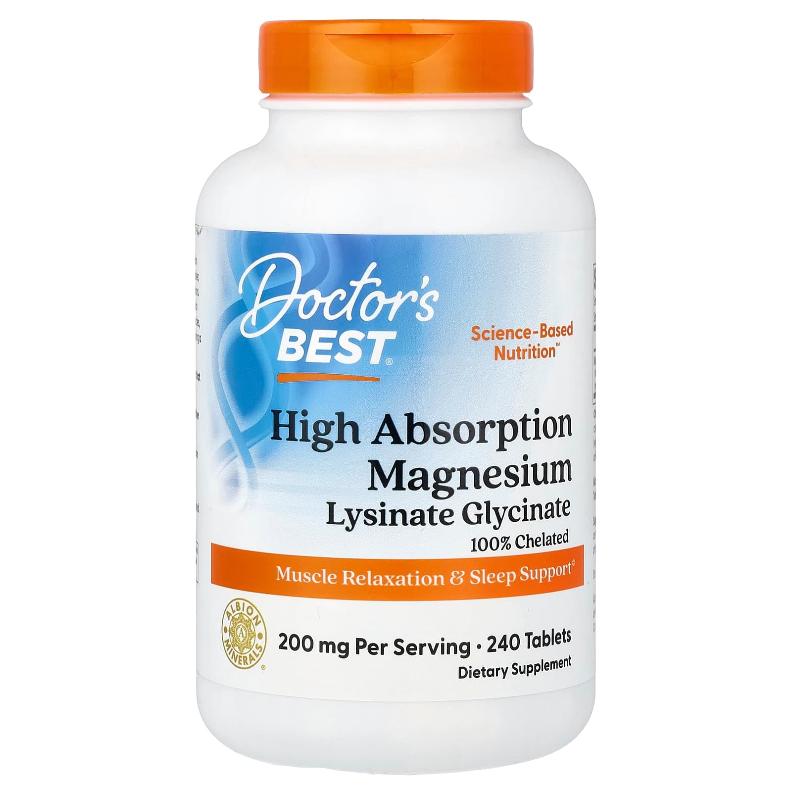 Doctor's Best High Absorption Magnesium Lysinate Glycinate, Chelated, Albion TRAACS – 240 comprimés de Doctor's Best