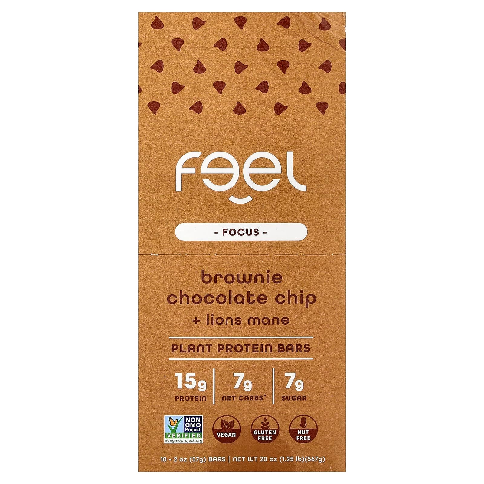 The Feel Bar Focus, Plant Protein Bars – Brownie Chocolate Chip + Lions Mane – 57 g de The Feel Bar