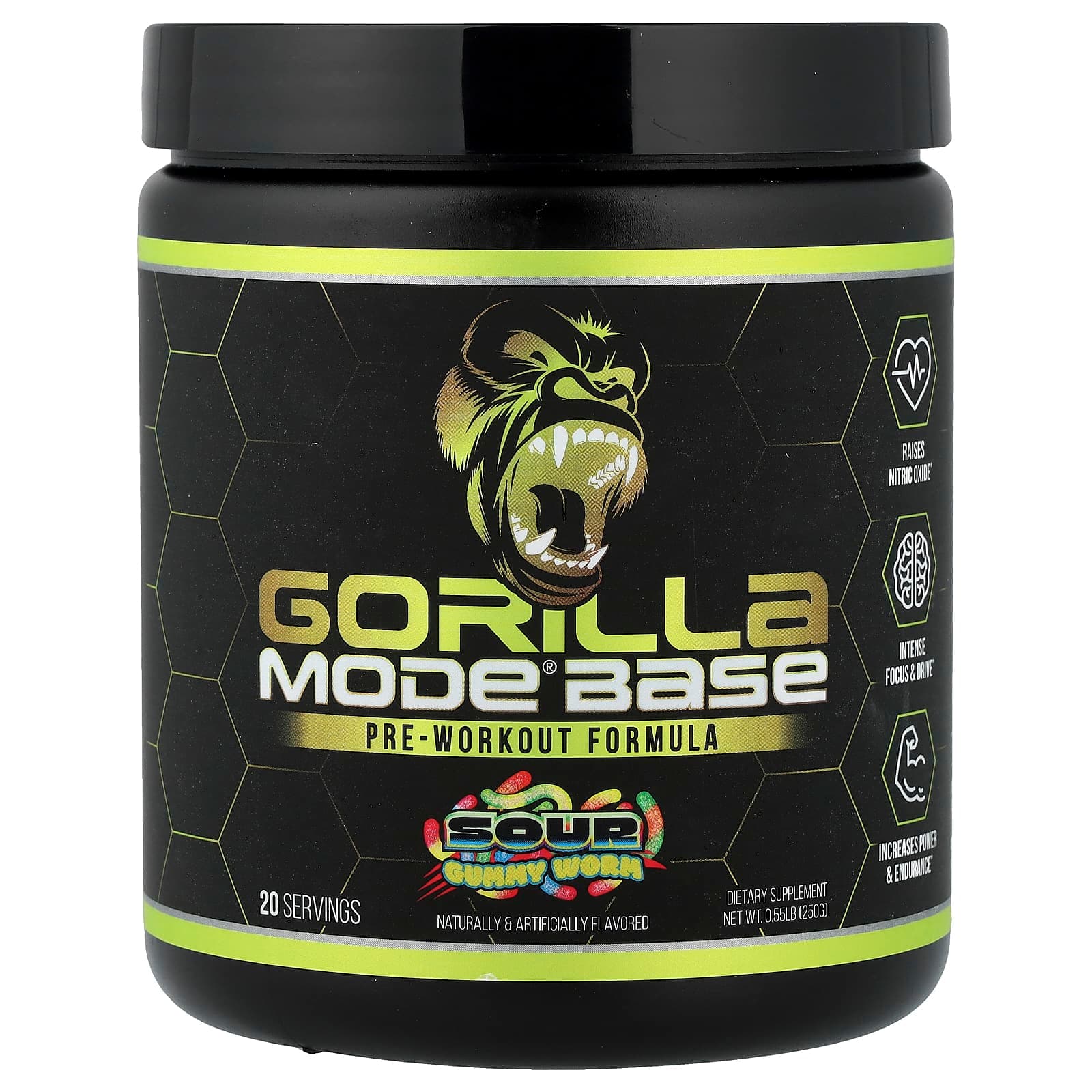 Gorilla Mind Mode Base, Pre-Workout Formula, Sour Gummy Worm – 250 g de Gorilla Mind