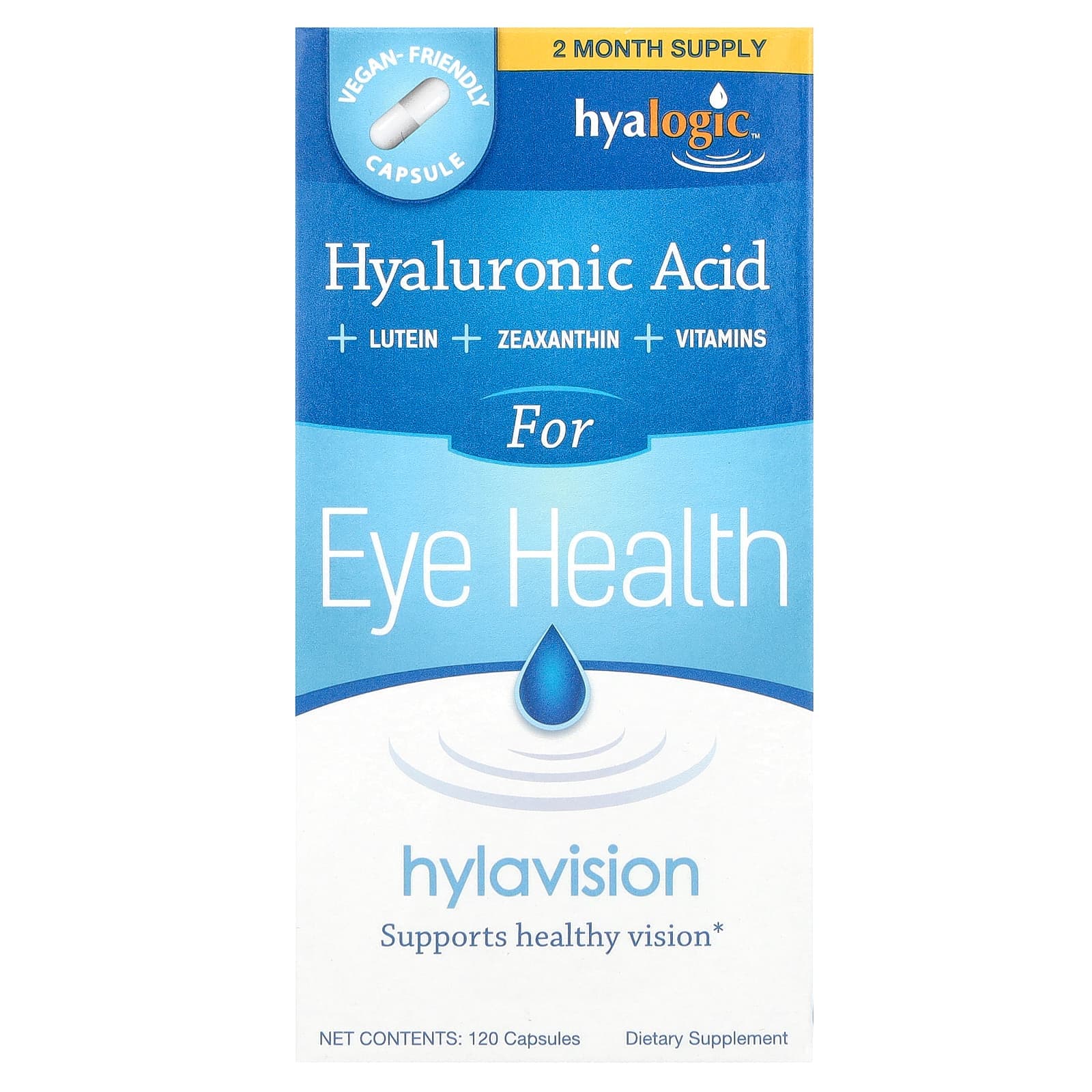Hyalogic Hylavision, Hyaluronic Acid + Lutein + Zeaxathin + Vitamins – 120 gélules de Hyalogic