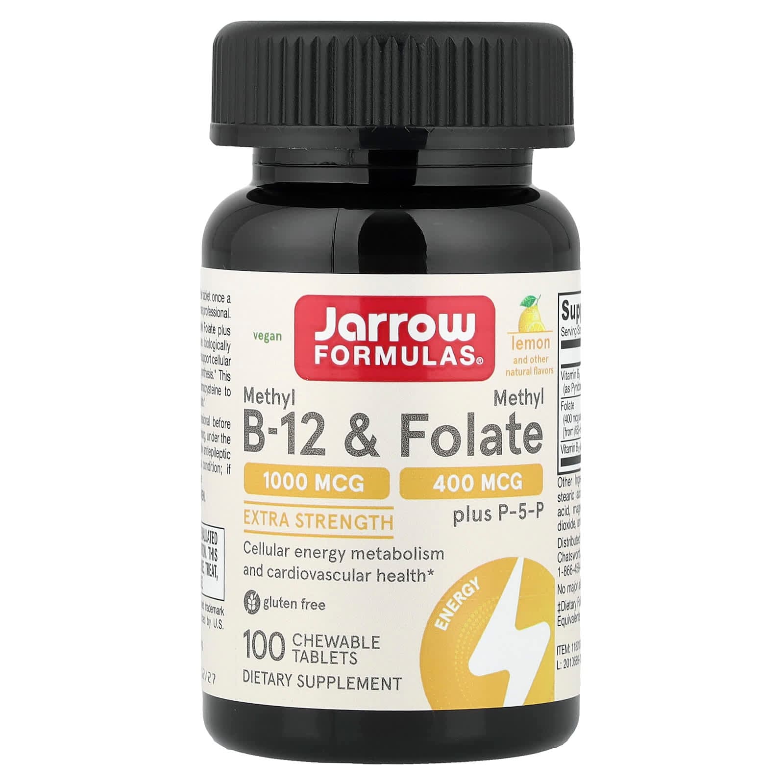 Jarrow Formulas Vegan Methyl B-12 & Methyl Folate, 100 Chewable Tablets – Lemon de Jarrow Formulas