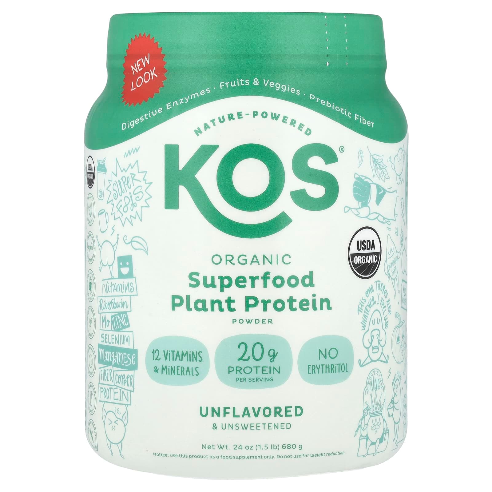 KOS Organic Superfood Plant Protein Powder, Unflavored & Unsweetened – Sans arôme – 680 g de KOS