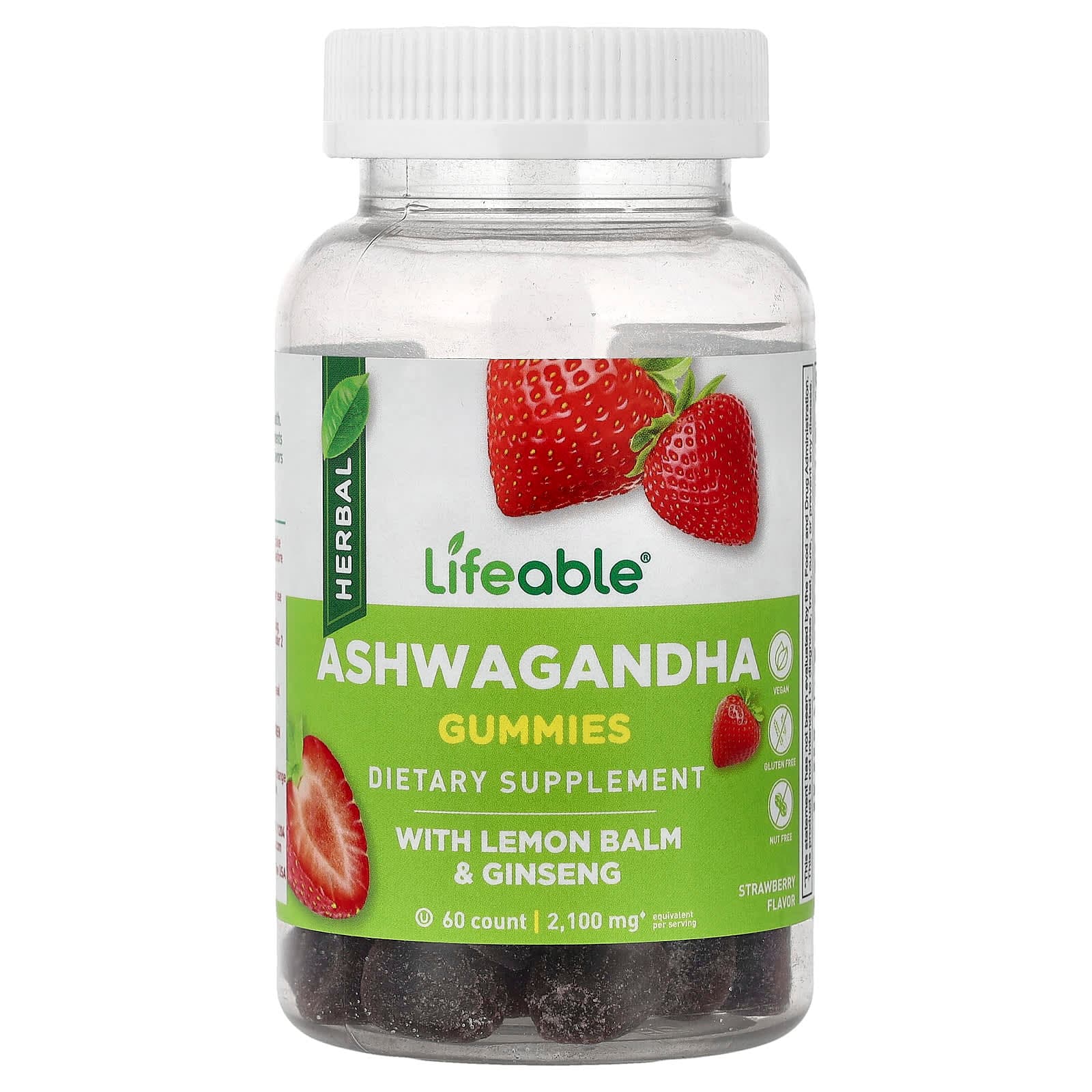 Lifeable Ashwagandha Gummies with Lemon Balm & Ginseng, Strawberry – Ashwagandha Gummies with Lemon Balm & Ginseng – 60 gommes de Lifeable