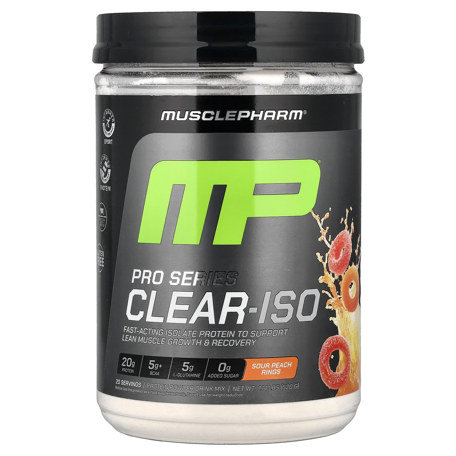 MusclePharm Pro Series Clear-ISO, Protein Powder Drink Mix – Sour Peach Rings – 1,14 lb de MusclePharm
