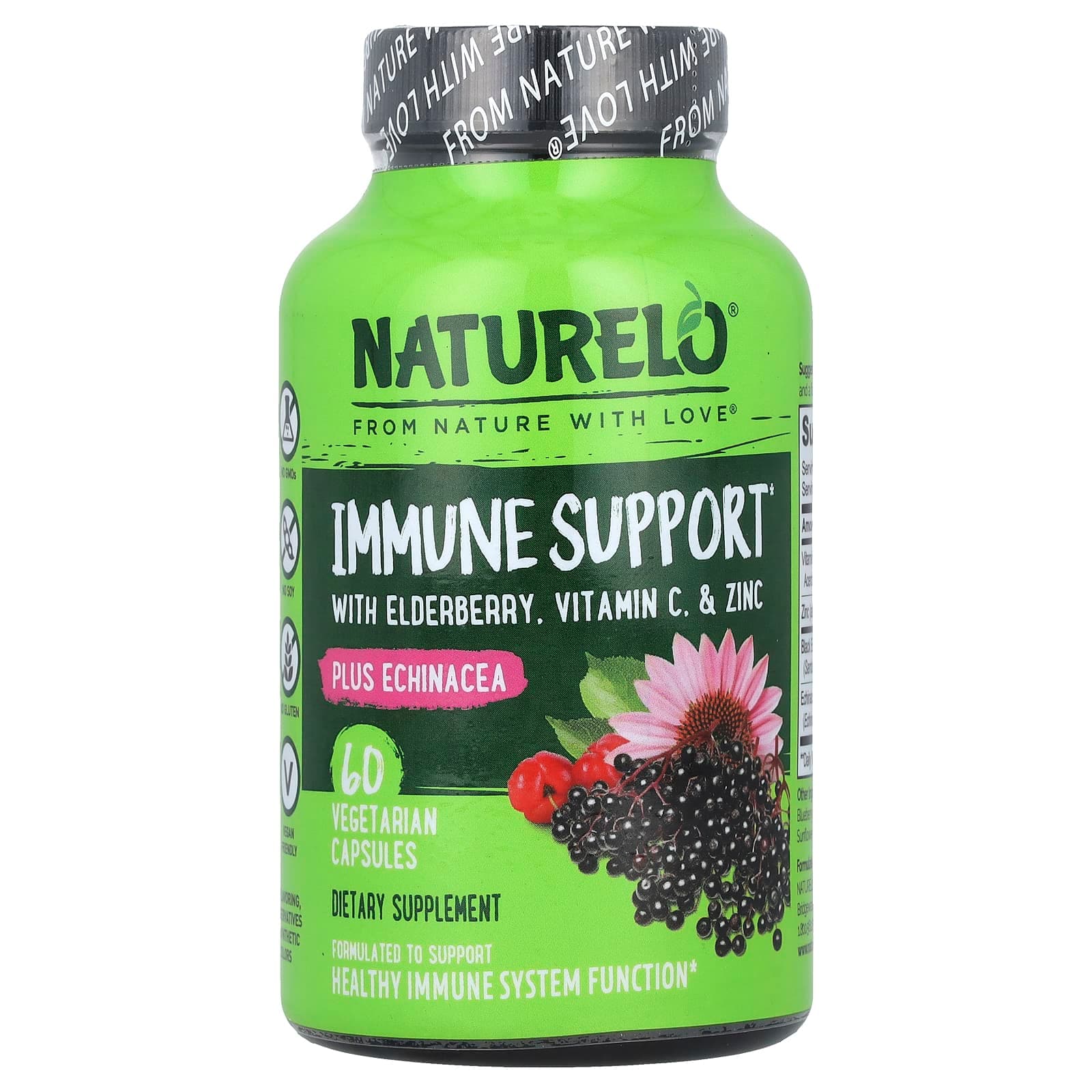 NATURELO Immune Support with Elderberry, Vitamin C & Zinc plus Echinacea – Immune Support with Elderberry – 60 gélules végétales de NATURELO
