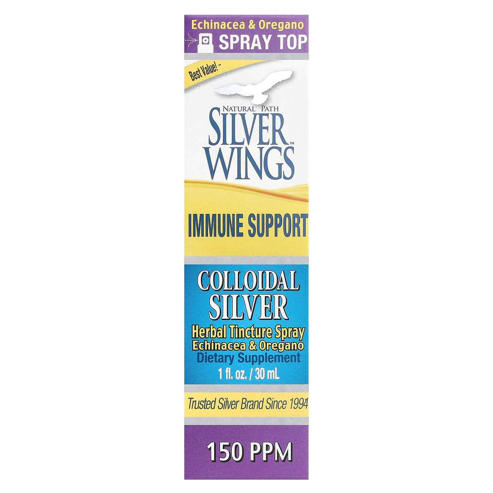 Natural Path Silver Wings Colloidal Silver Herbal Tincture Spray, Echinacea & Oregano – 30 ml de Natural Path Silver Wings