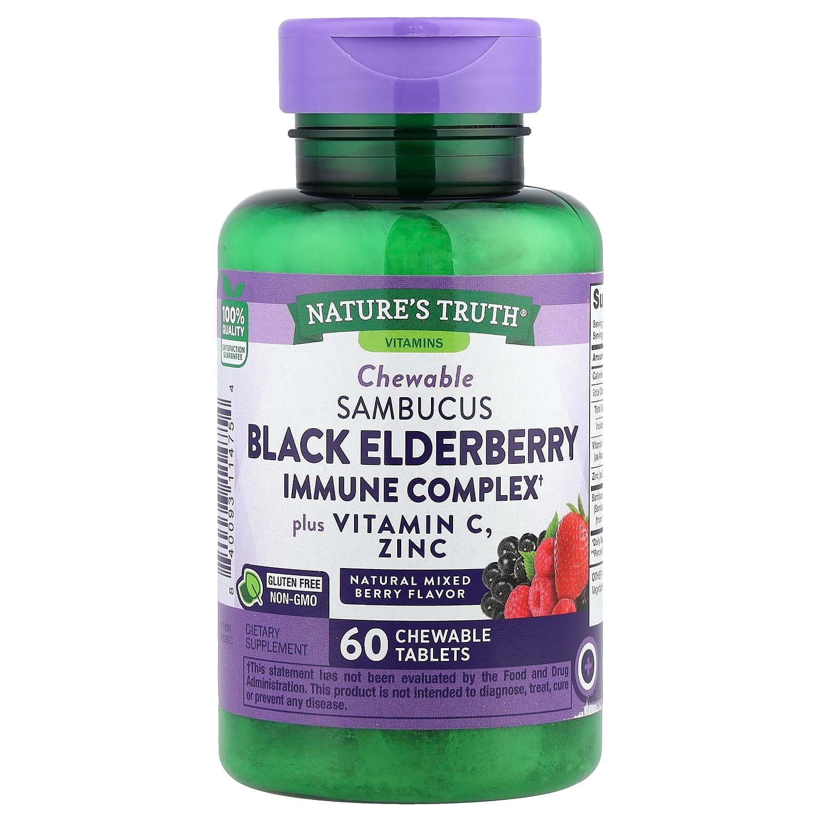Nature's Truth Sambucus Black Elderberry Immune Complex Plus Vitamin C & Zinc, Natural Mixed Berry, 60 Chewable Tablets – Sambucus Black Elderberry Immune Complex Plus Vitamin C & Zinc de Nature's Truth