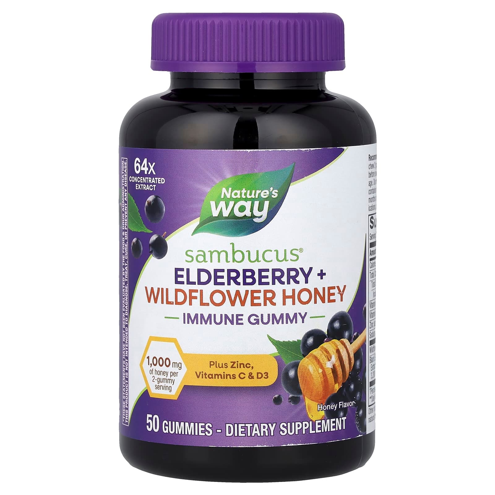 Nature's Way Sambucus Elderberry + Wildflower Honey Immune Gummy, Honey – Sambucus Elderberry + Wildflower Honey Immune Gummy – 50 gommes de Nature's Way