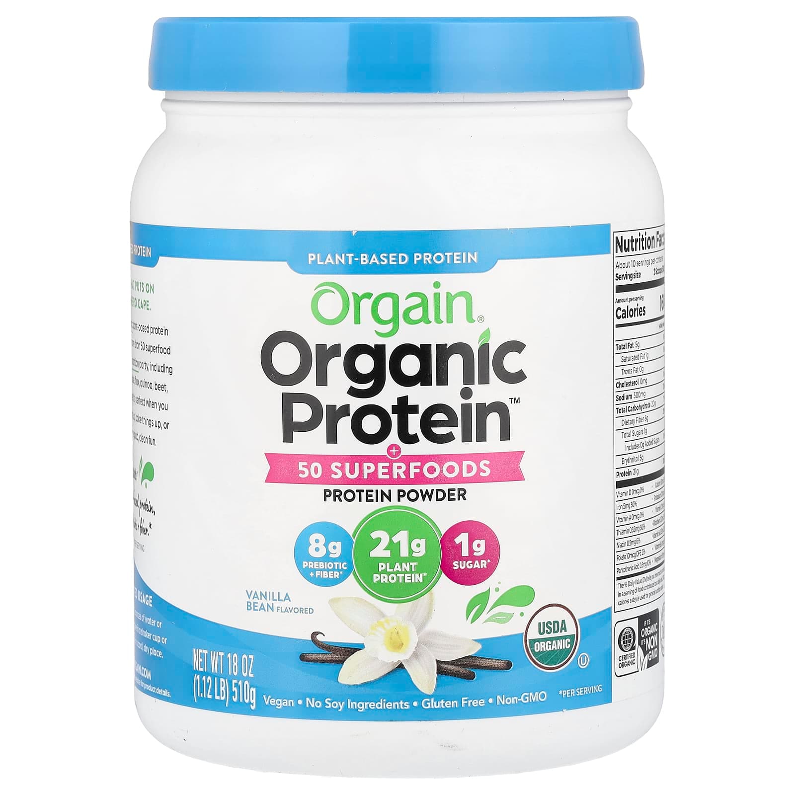 Orgain Organic Protein Powder + 50 Superfoods, Plant-Based – Vanilla Bean – 510 g de Orgain