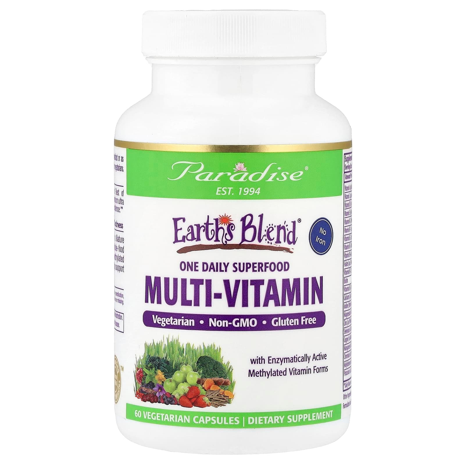 Paradise Herbs Earth's Blend , One Daily Superfood Multi-Vitamin, No Iron – 60 gélules végétales de Paradise Herbs