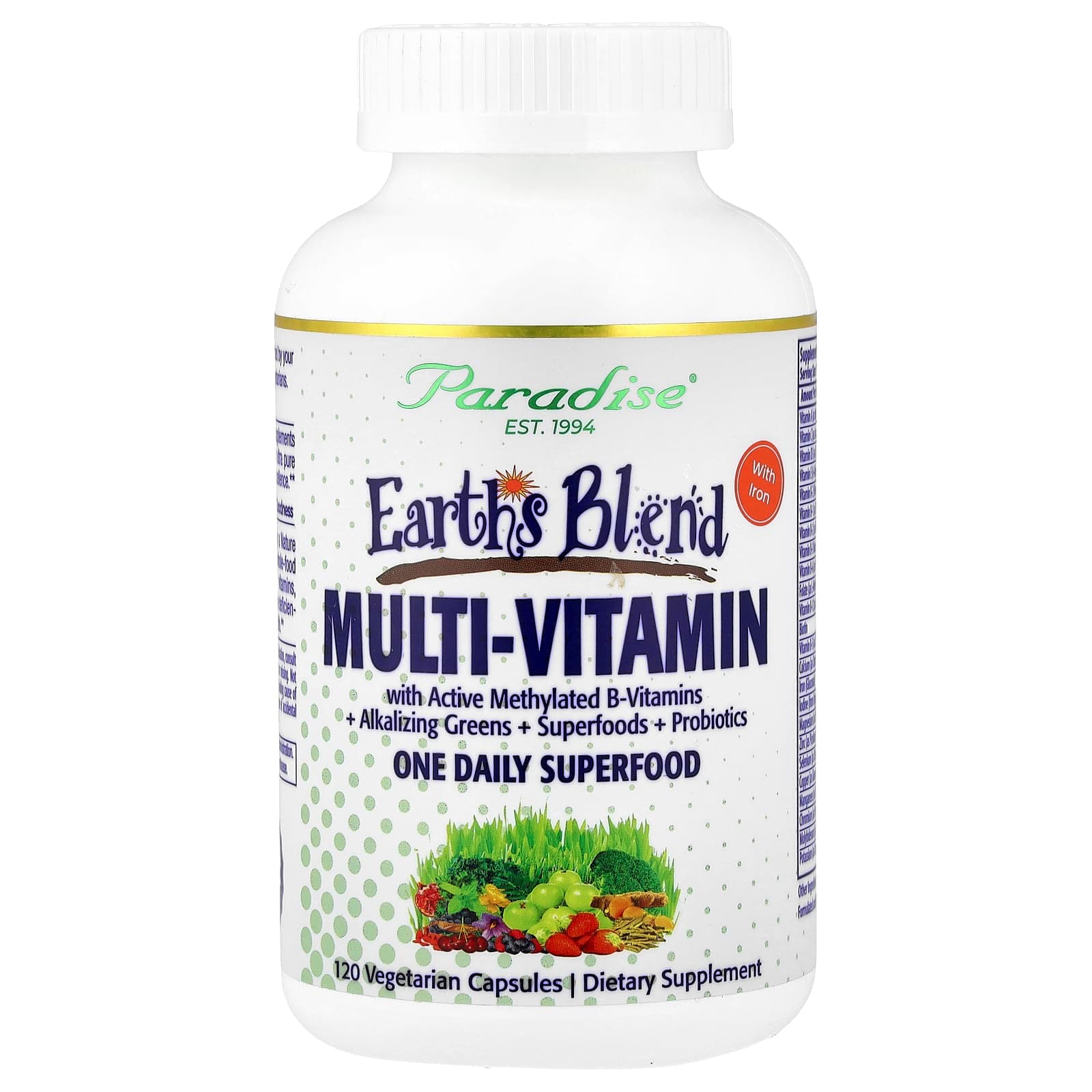 Paradise Herbs Earth's Blend, One Daily Superfood Multi-Vitamin with Iron – 120 gélules végétales de Paradise Herbs