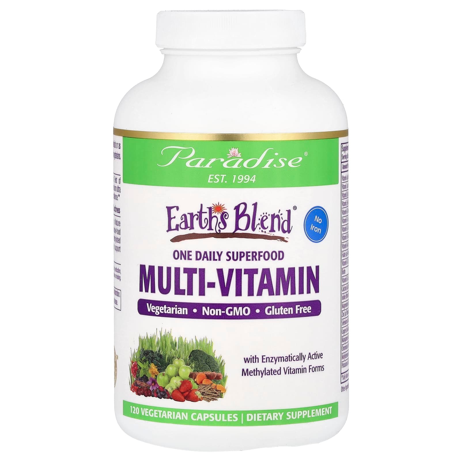 Paradise Herbs Earth's Blend, One Daily Superfood Multi-Vitamin, No Iron – 120 gélules végétales de Paradise Herbs