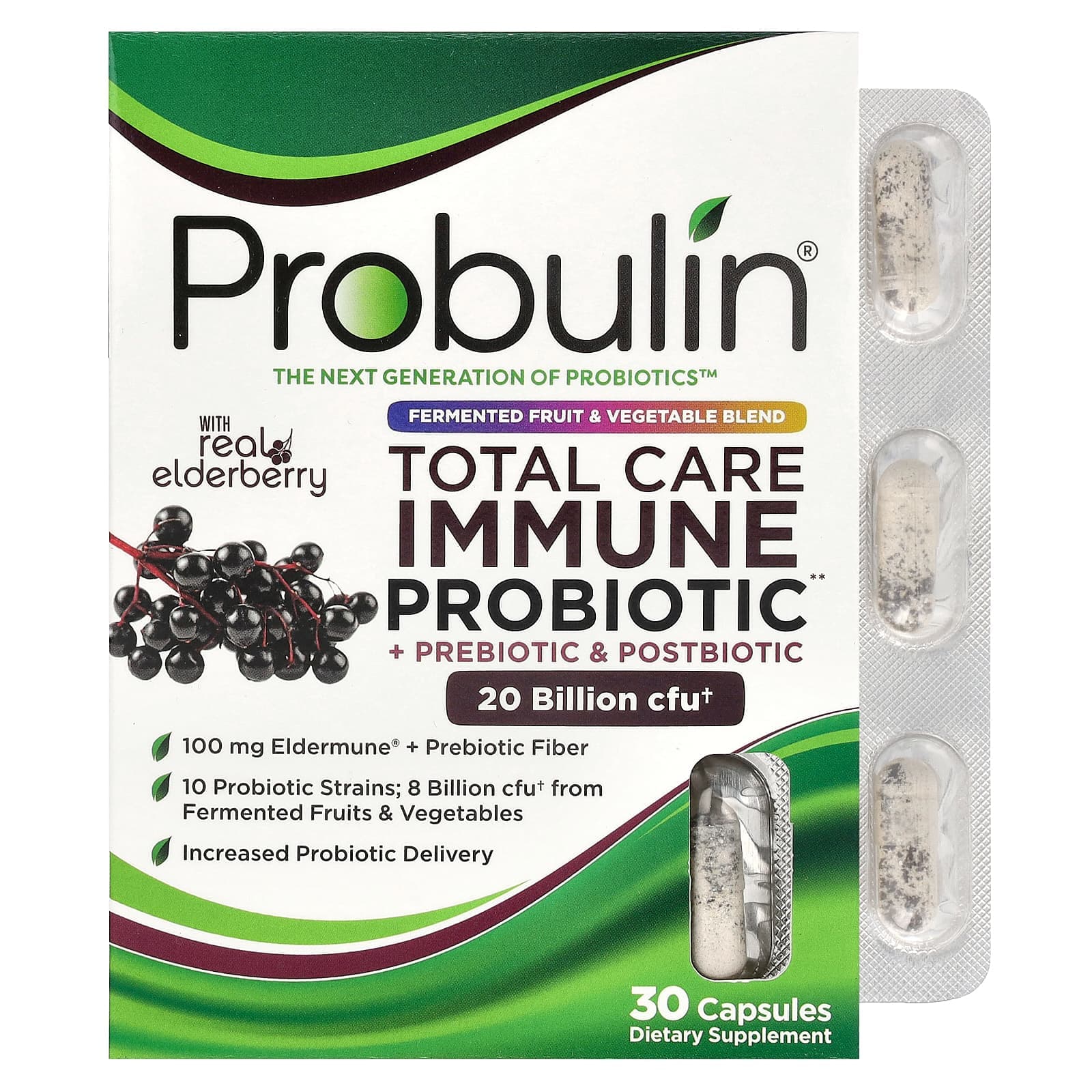Probulin Total Care Immune Probiotic + Prebiotic & Postbiotic with Real Elderberry – Total Care Immune Probiotic + Prebiotic & Postbiotic with Real Elderberry – 30 gélules de Probulin