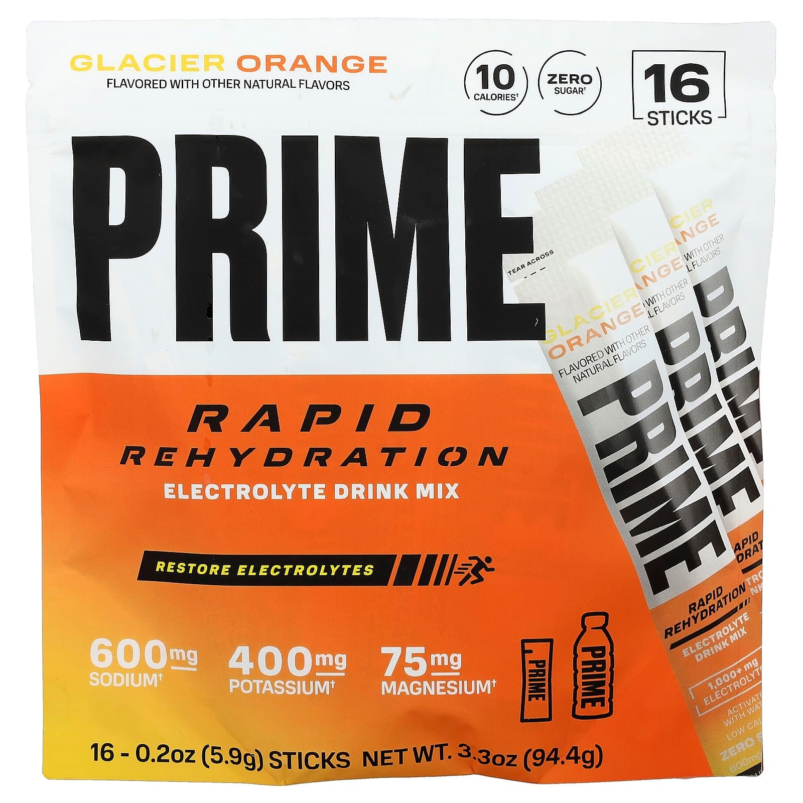 Prime Hydration Rapid Rehydration, Electrolyte Drink Mix – Glacier Orange – 5,9 g de Prime Hydration